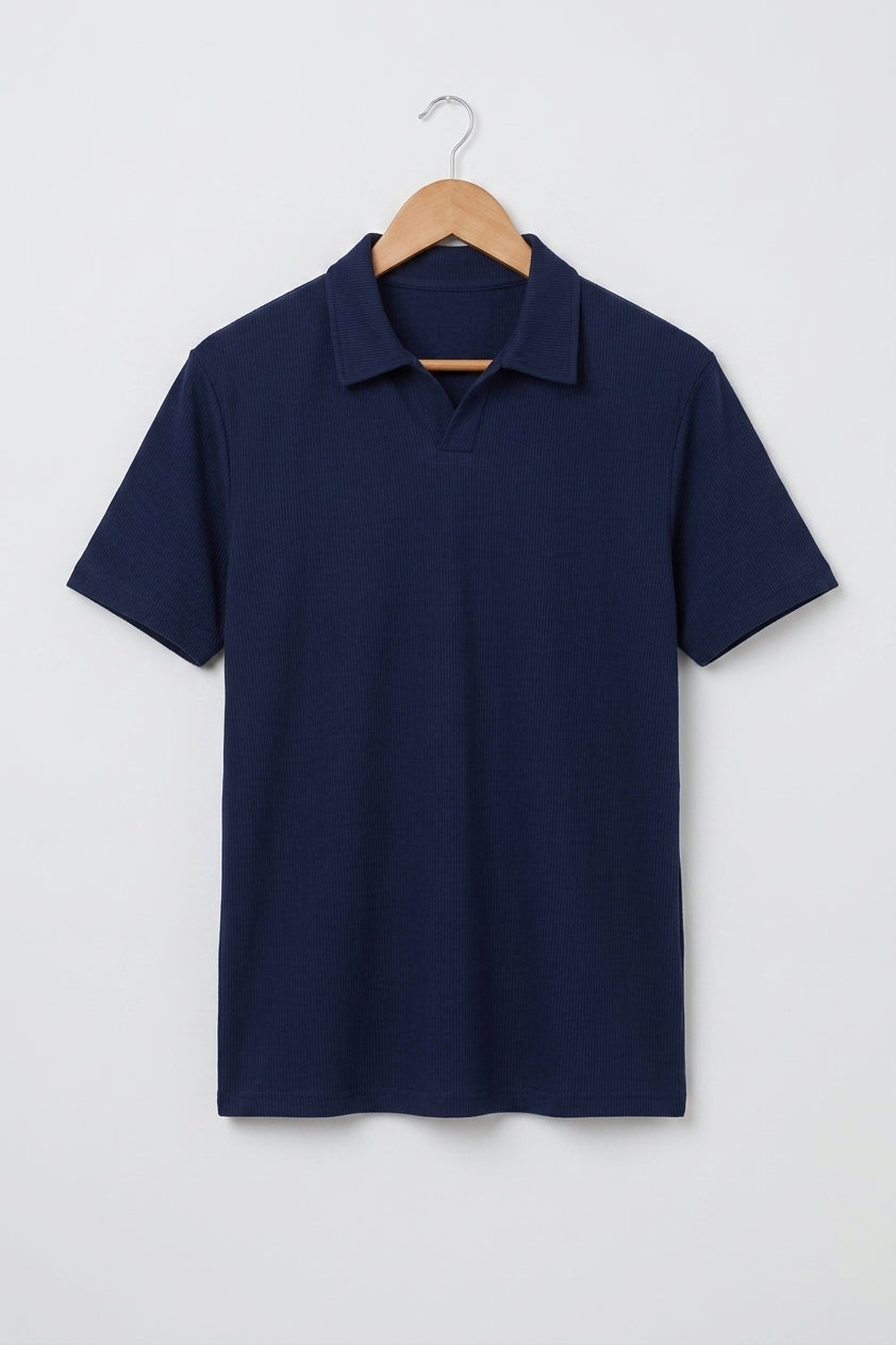 Men’s Navy Blue Rib-Knit Polo Shirt