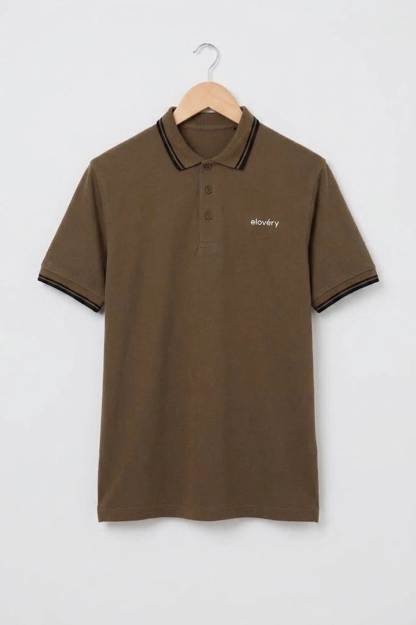Men’s Brown Rib-Knit Tipped Collar Polo Shirt