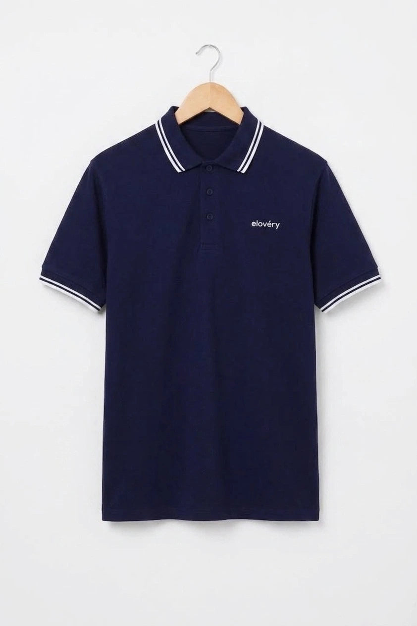Men’s Navy Blue Rib-Knit Tipped Collar Polo Shirt