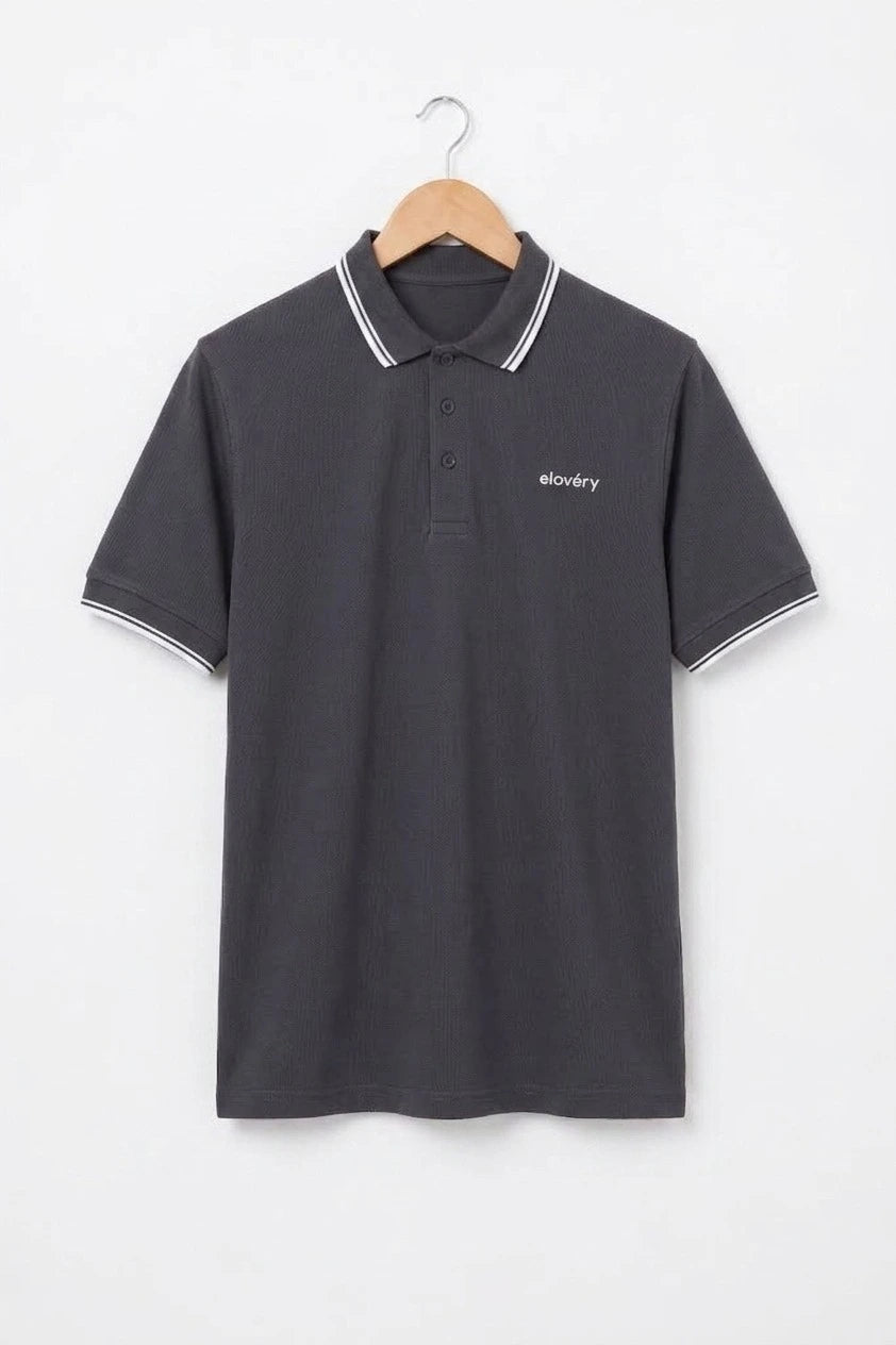 Men’s Grey Rib-Knit Tipped Collar Polo Shirt