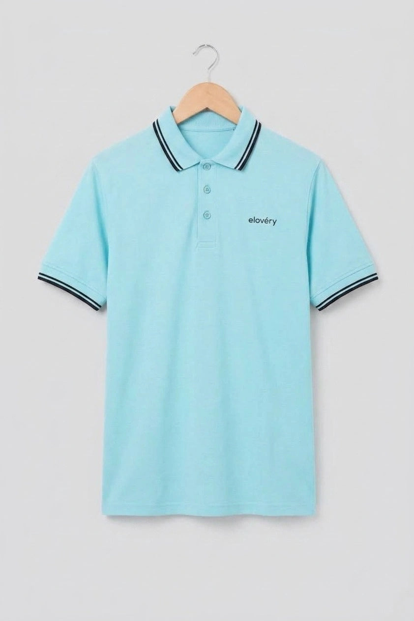 Men’s Sky Blue Rib-Knit Tipped Collar Polo Shirt