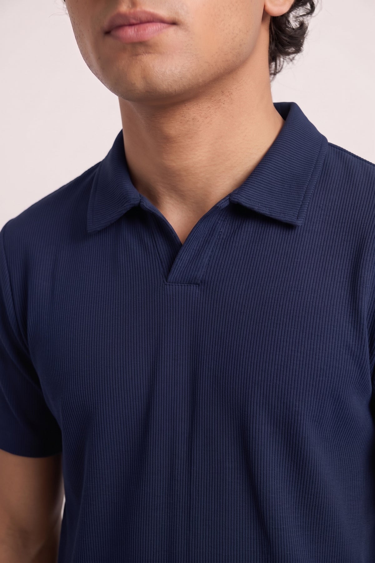 Men’s Navy Blue Rib-Knit Polo Shirt