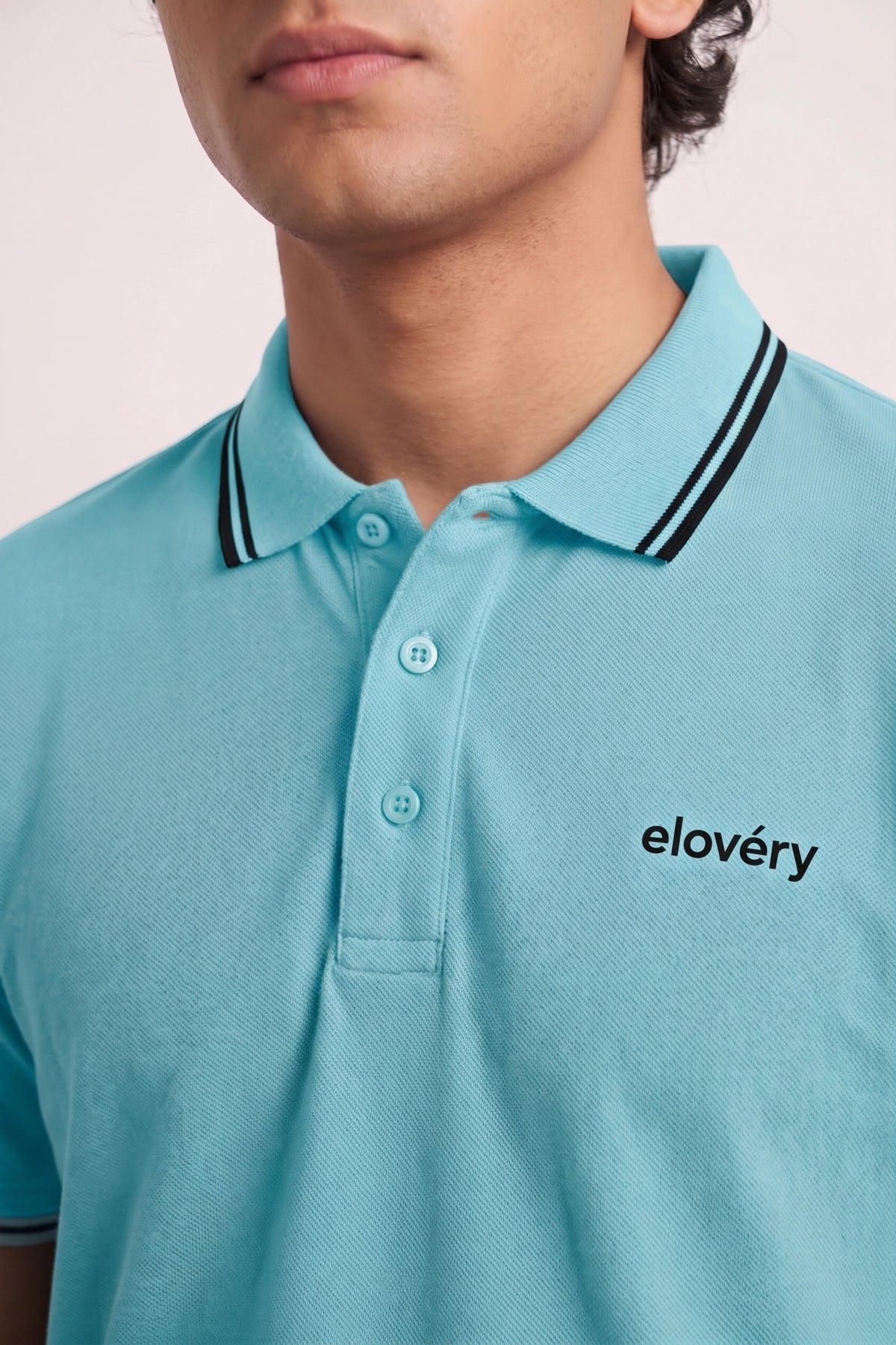 Men’s Sky Blue Rib-Knit Tipped Collar Polo Shirt