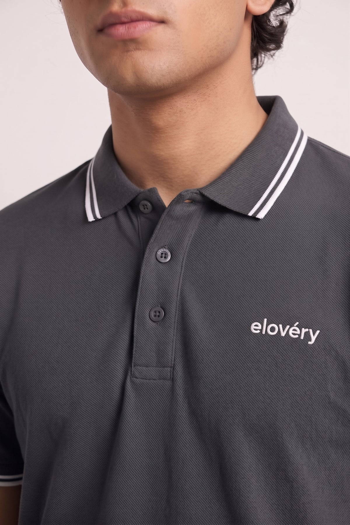 Men’s Grey Rib-Knit Tipped Collar Polo Shirt