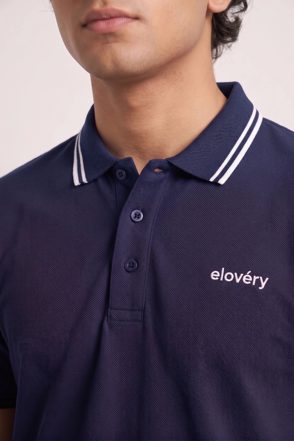 Men’s Navy Blue Rib-Knit Tipped Collar Polo Shirt