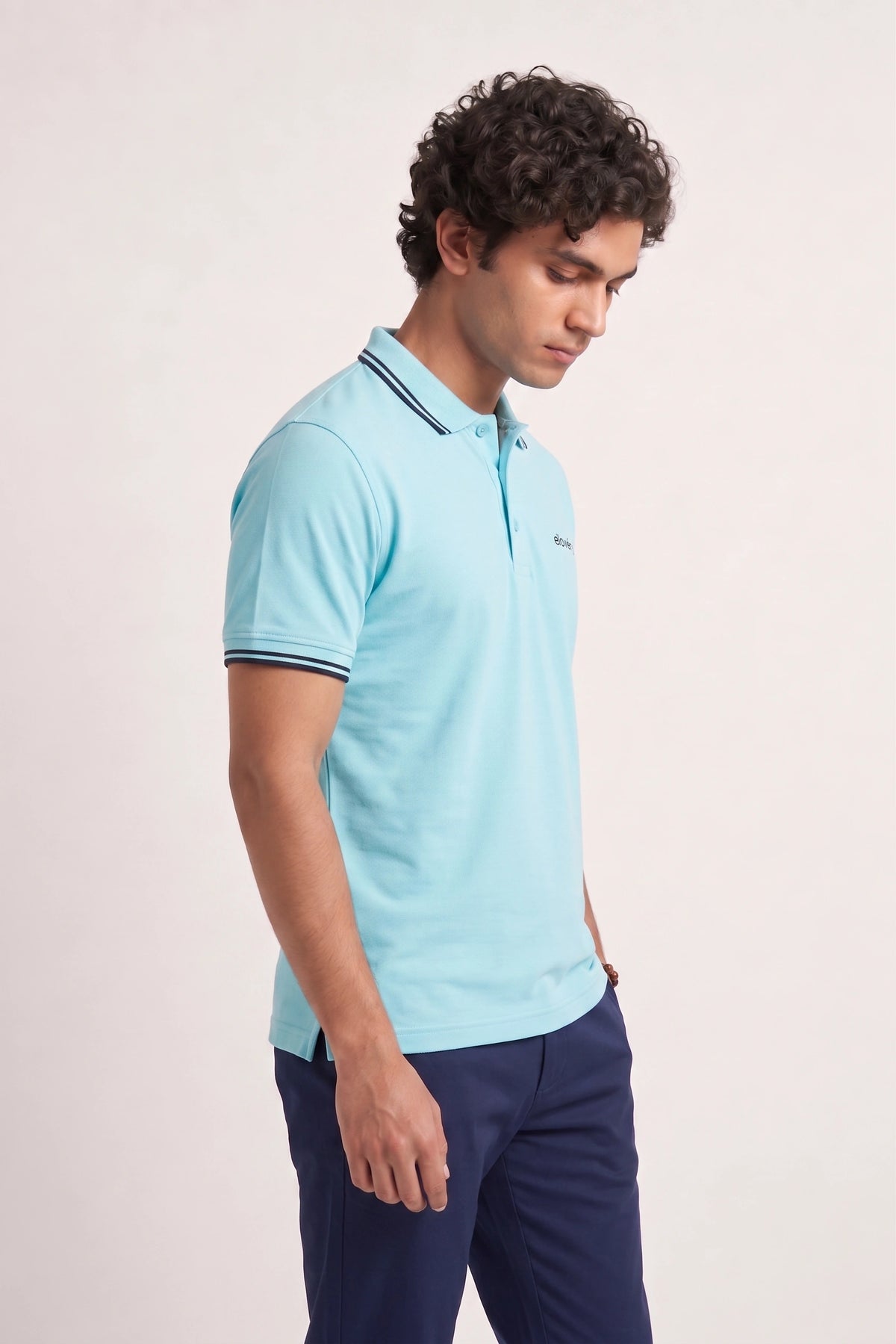 Men’s Sky Blue Rib-Knit Tipped Collar Polo Shirt