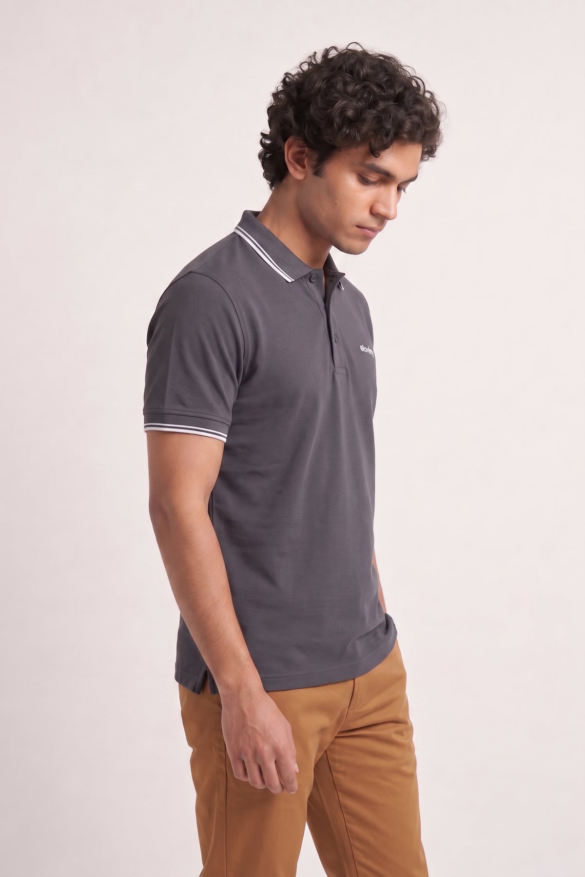 Men’s Grey Rib-Knit Tipped Collar Polo Shirt
