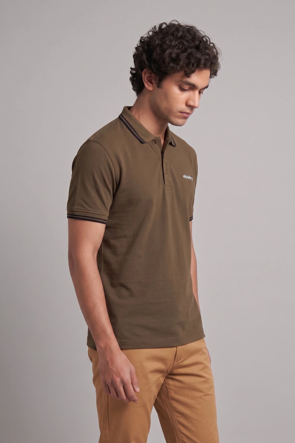 Men’s Brown Rib-Knit Tipped Collar Polo Shirt