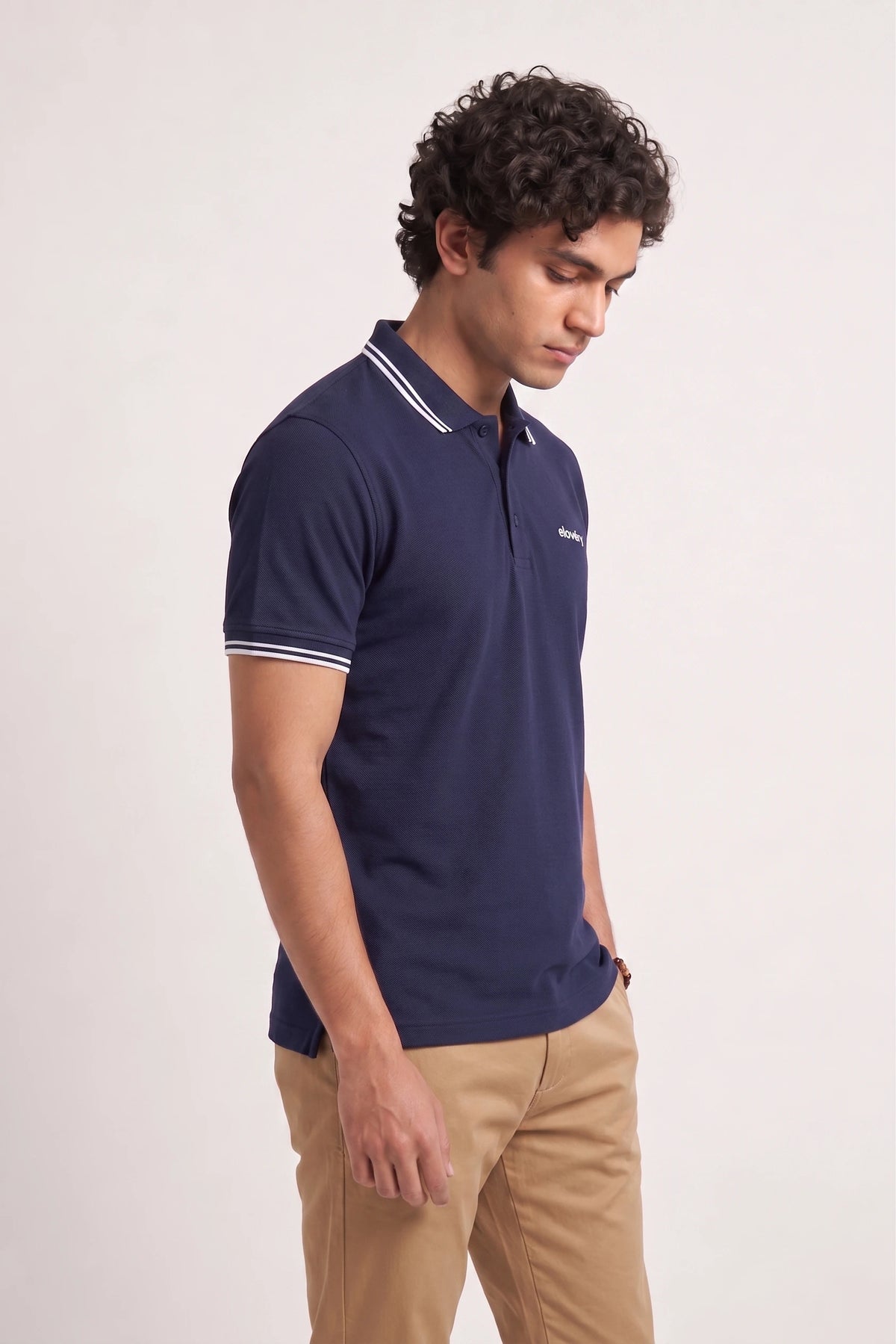 Men’s Navy Blue Rib-Knit Tipped Collar Polo Shirt