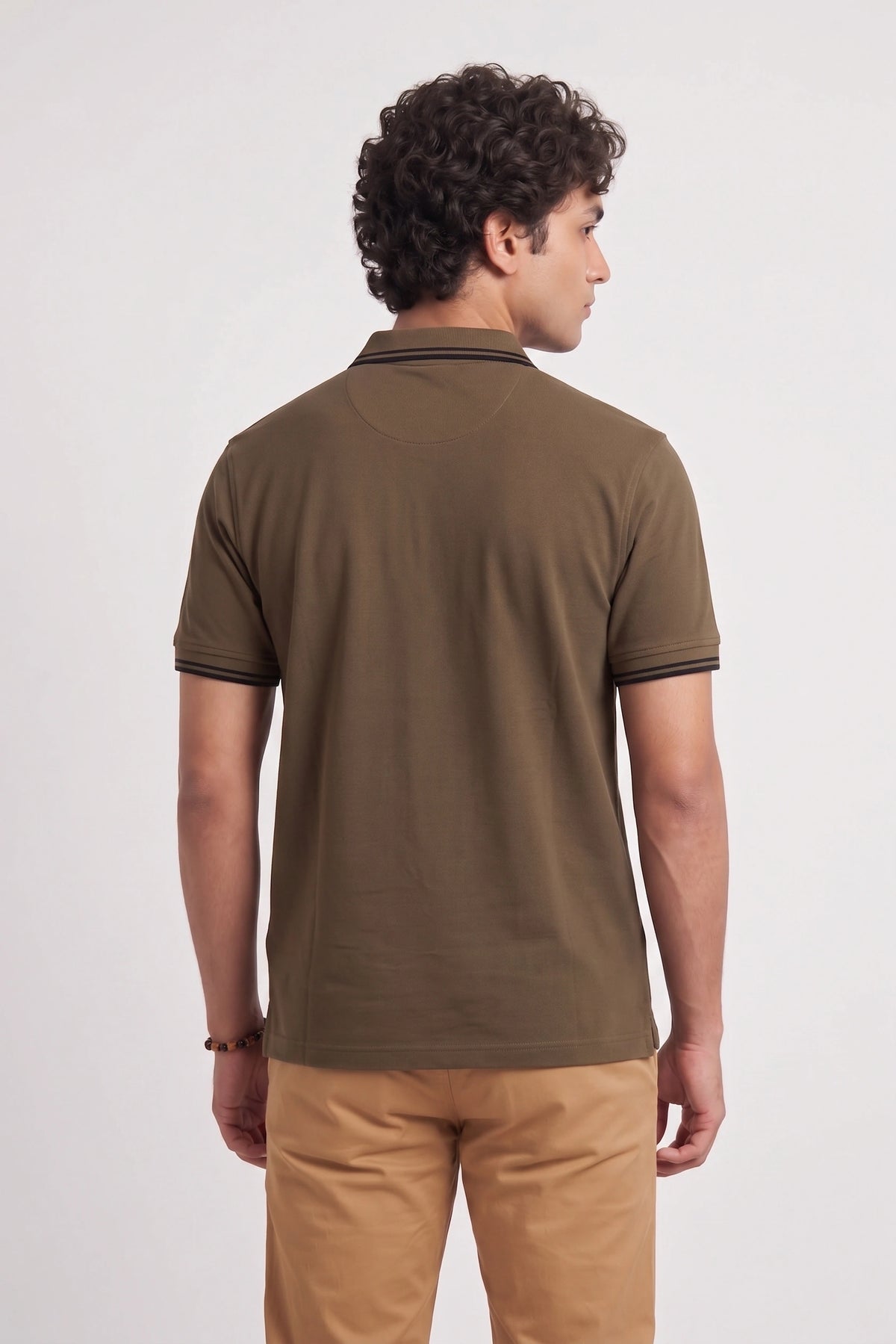 Men’s Brown Rib-Knit Tipped Collar Polo Shirt