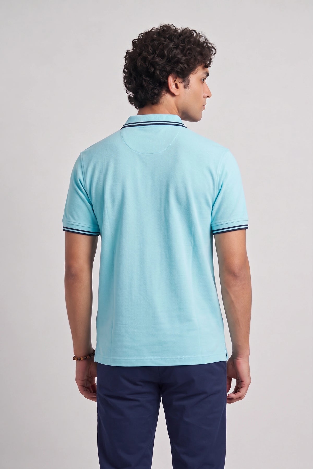 Men’s Sky Blue Rib-Knit Tipped Collar Polo Shirt