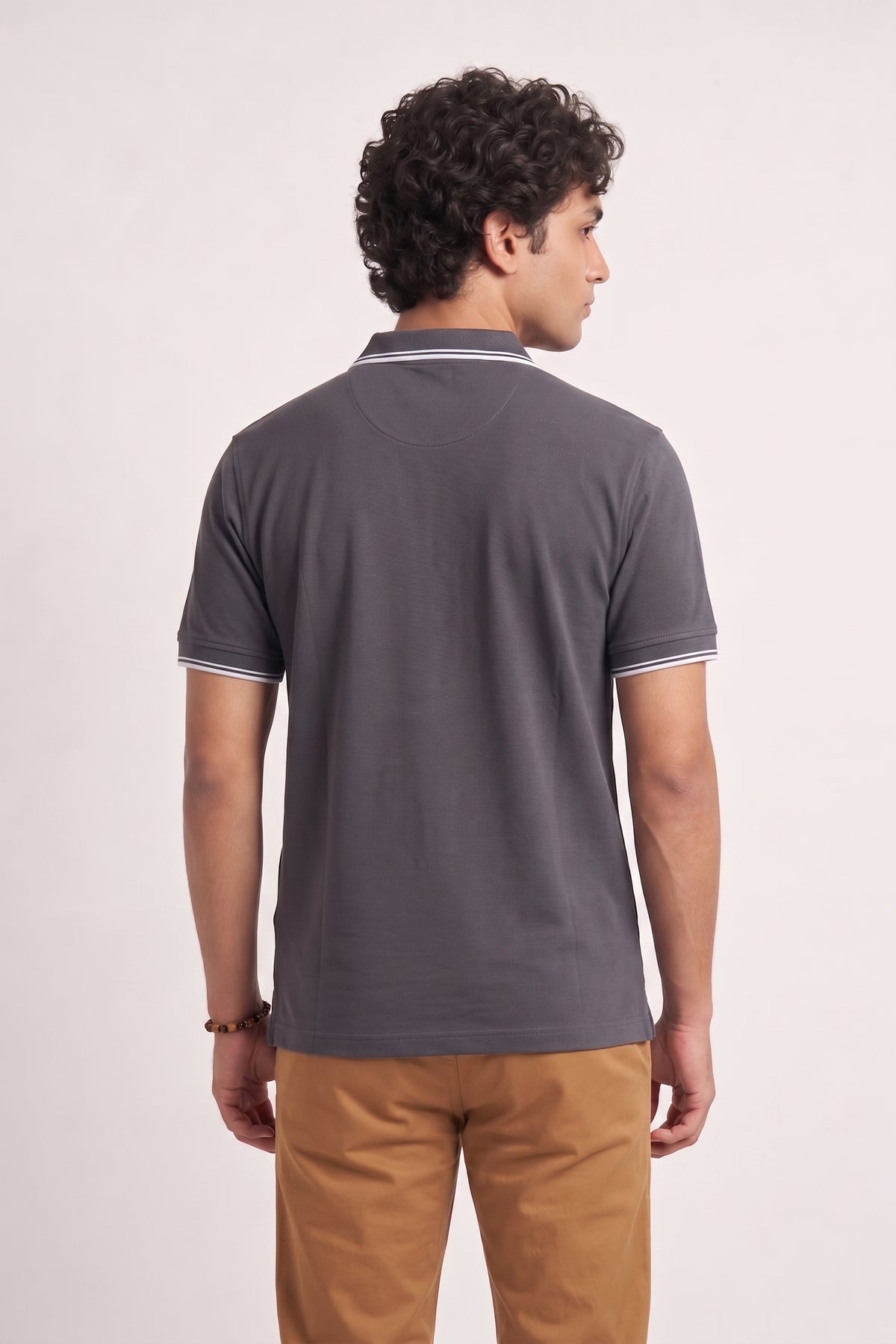Men’s Grey Rib-Knit Tipped Collar Polo Shirt