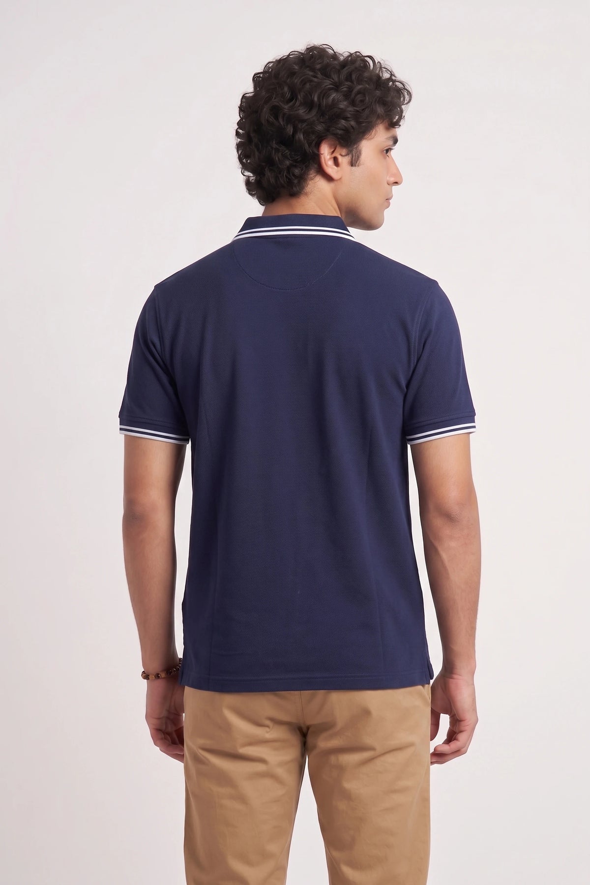 Men’s Navy Blue Rib-Knit Tipped Collar Polo Shirt
