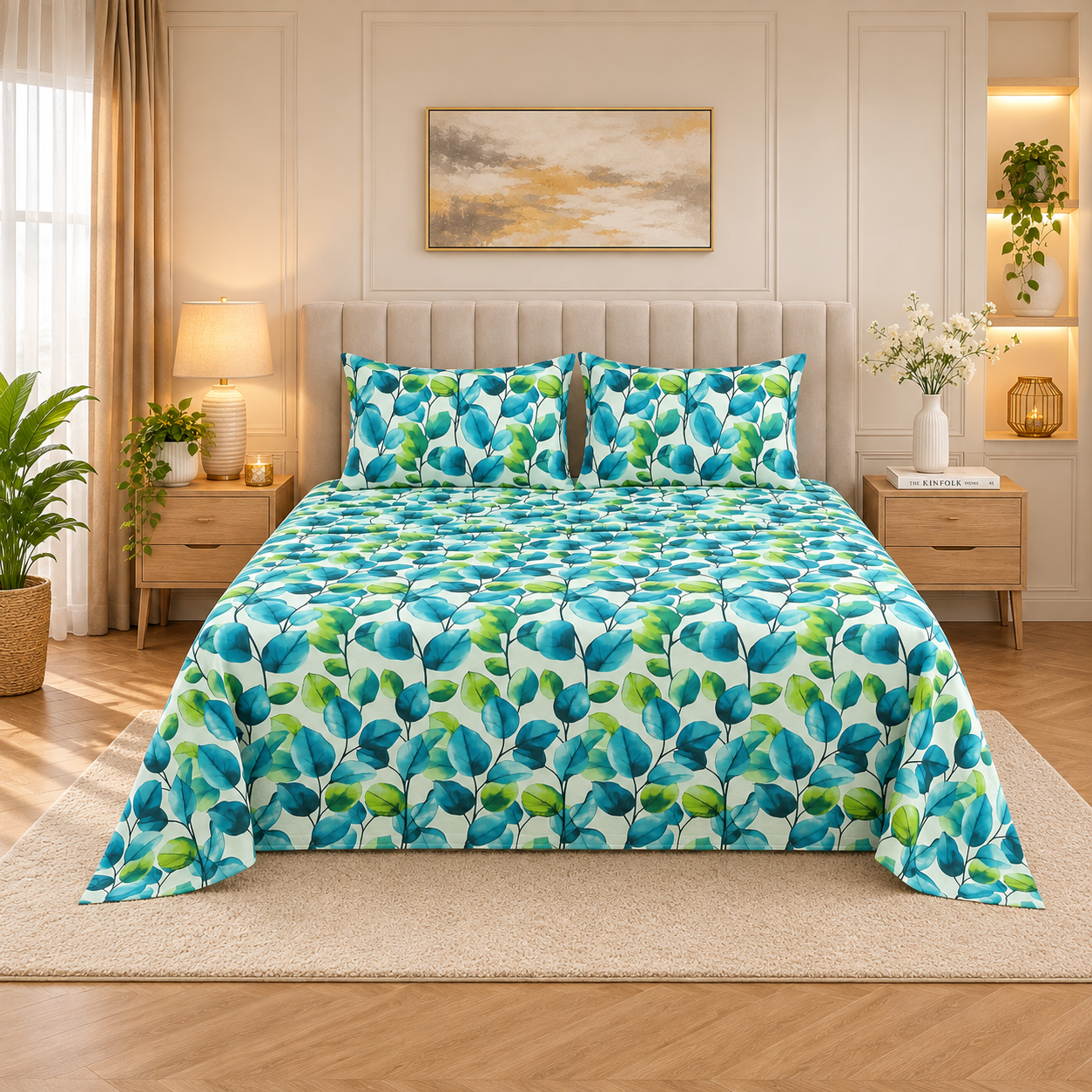 ELOVÉRY Botanical Leaf Print Double Bedsheet Set with 2 Pillowcases – 3 Piece