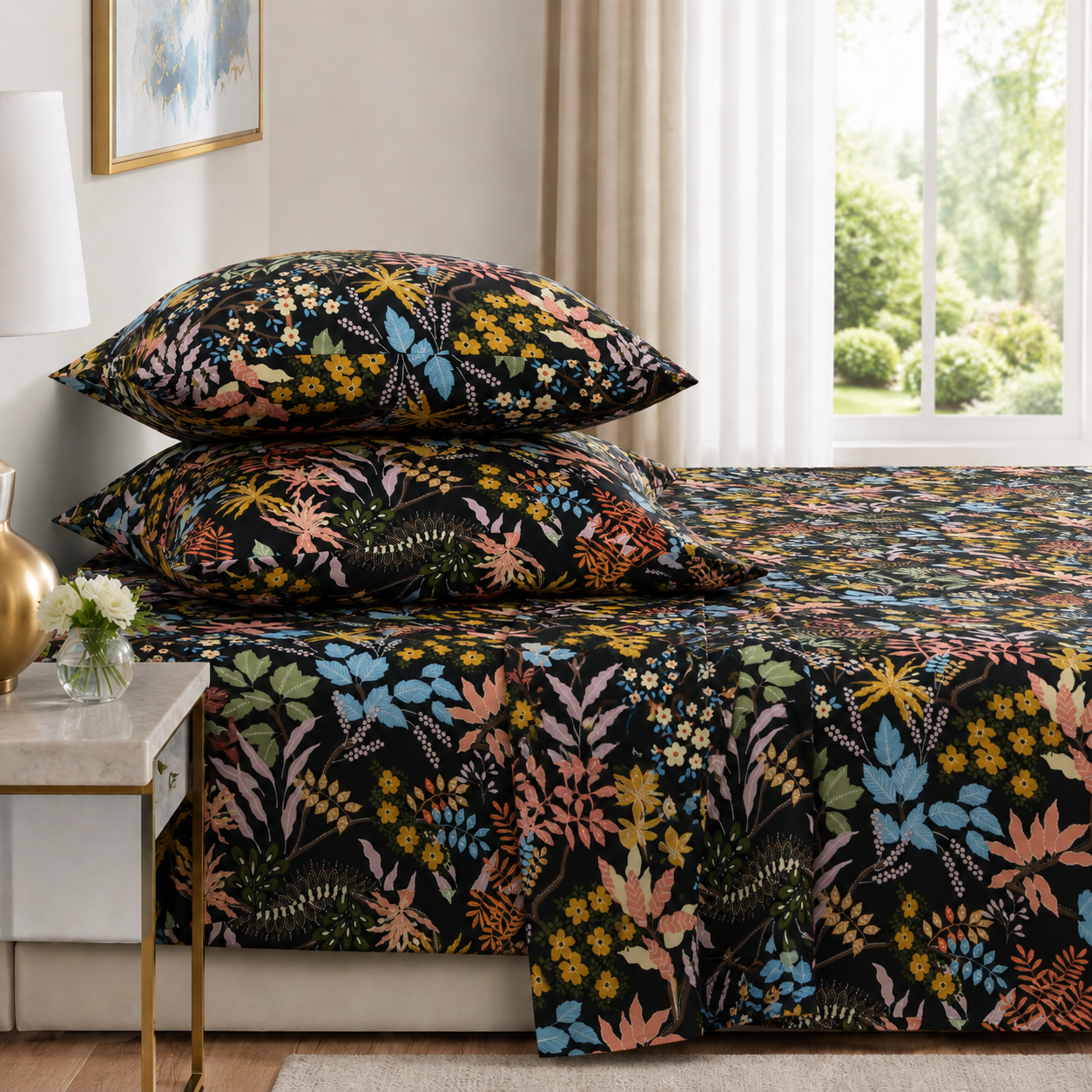 3 Piece Floral Garden Printed Sateen Double Bedsheet King Size With 2 Pillowcases