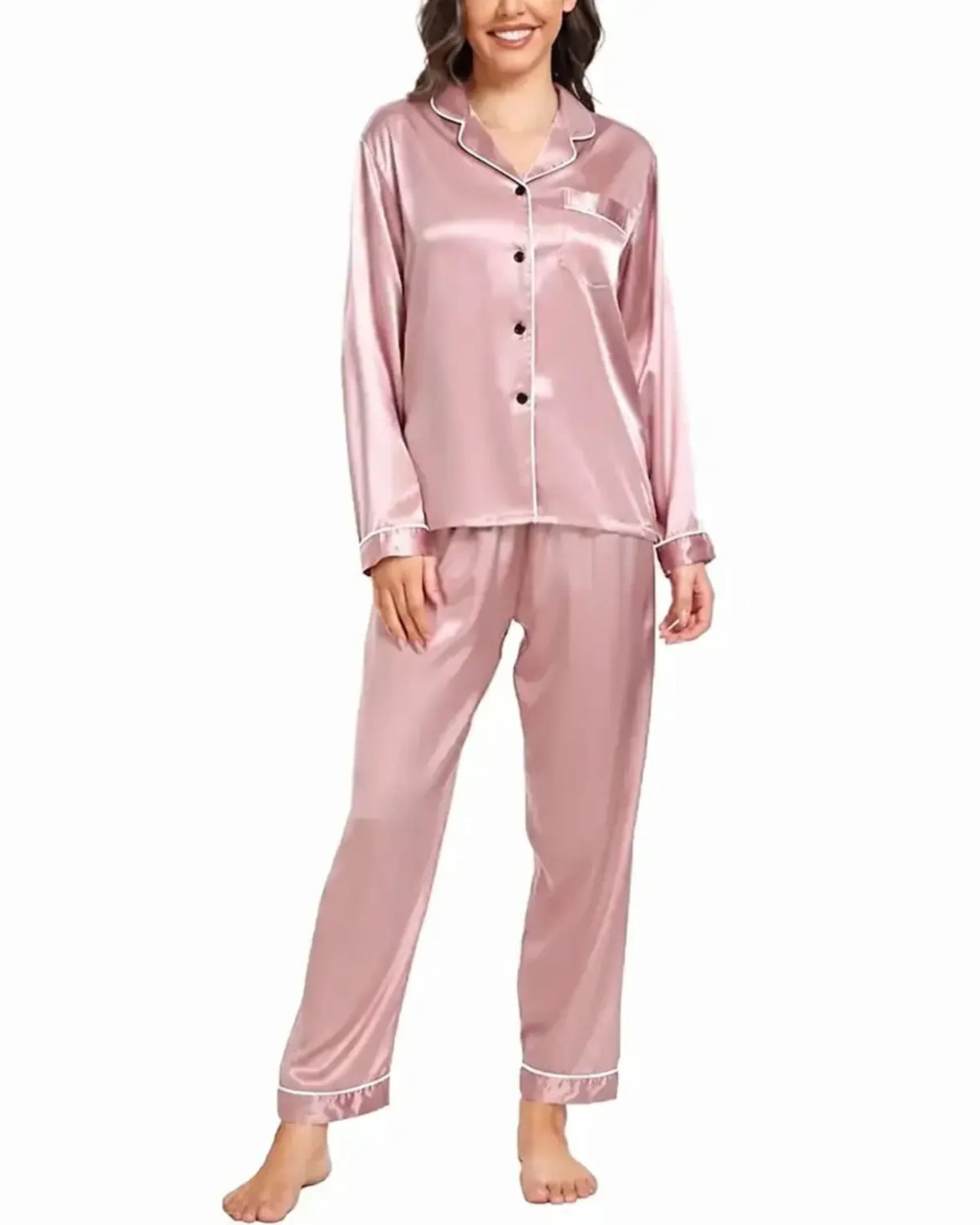 Elovery Pink Silk Satin Nightwear Pajama Set _ Pink