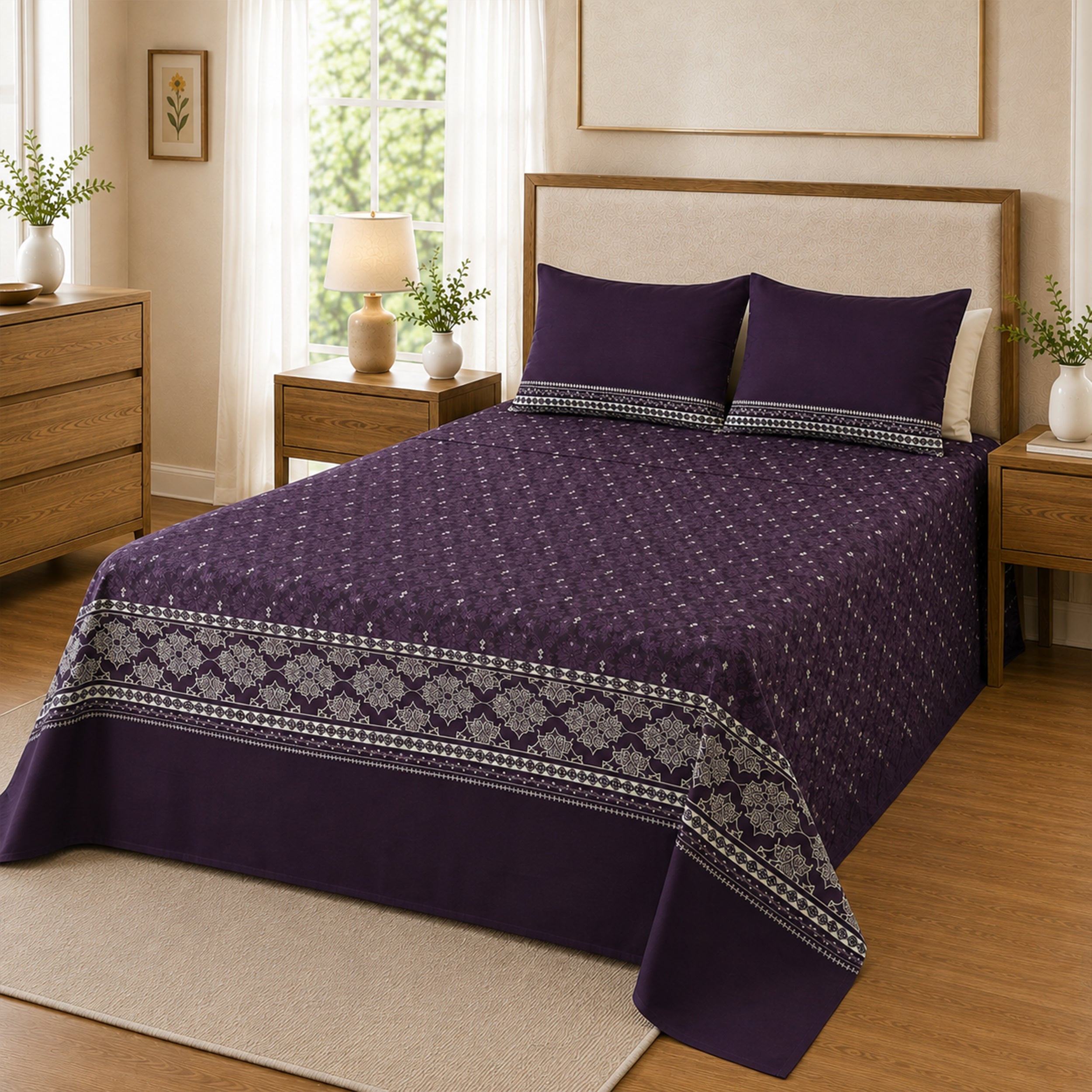 Purple Floral Beautifully Crafted | Pure Cotton Double Bedsheet with 2 Pillowcases