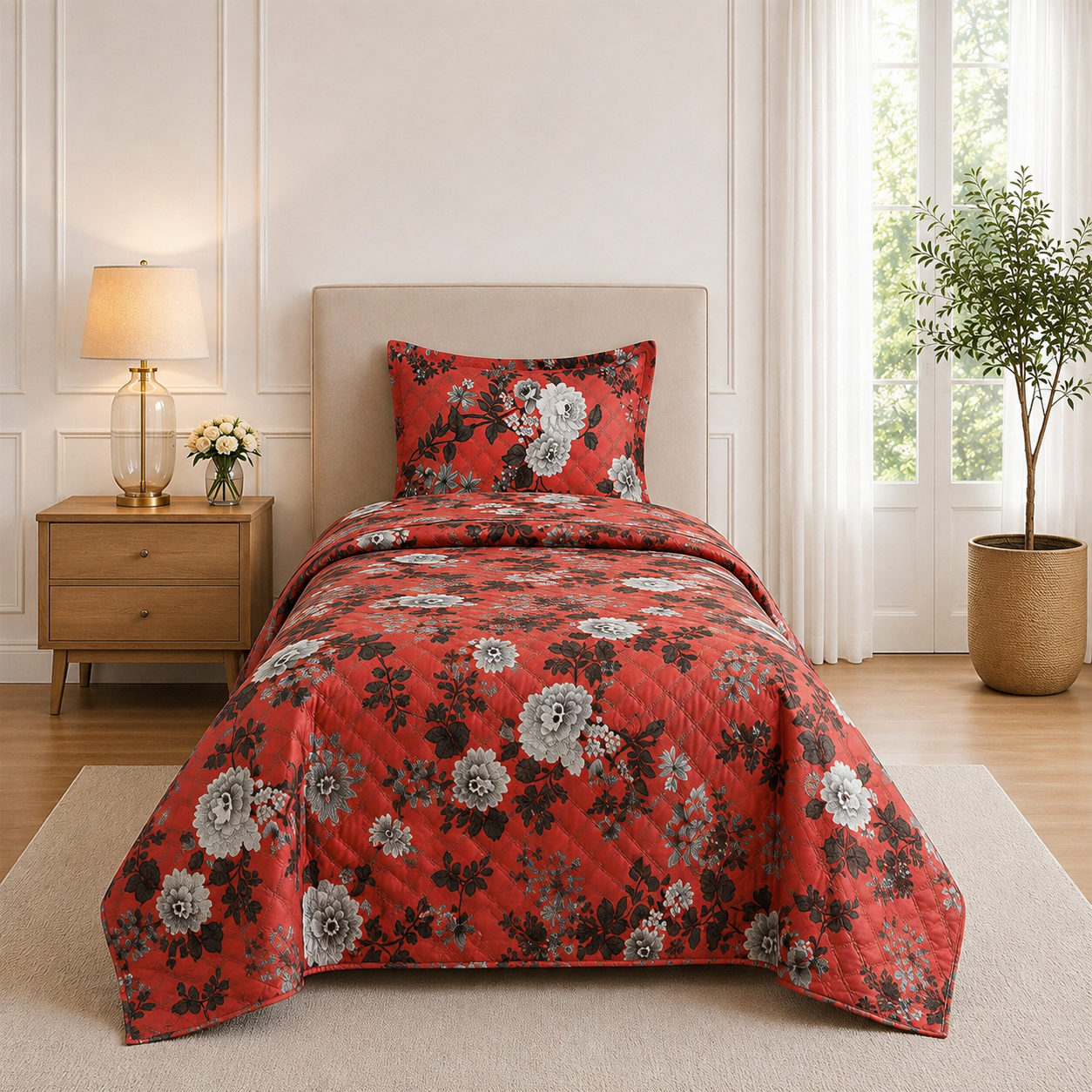 Red Floral Printed Quilted Bedspread Set with 2 Pillow Covers