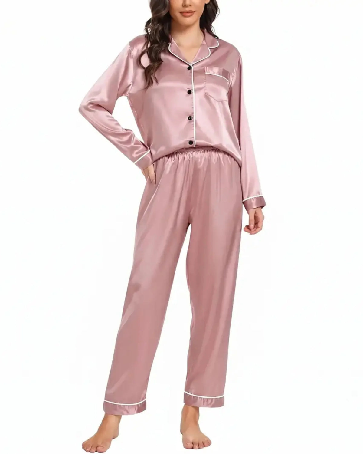 Elovery Pink Silk Satin Nightwear Pajama Set _ Pink