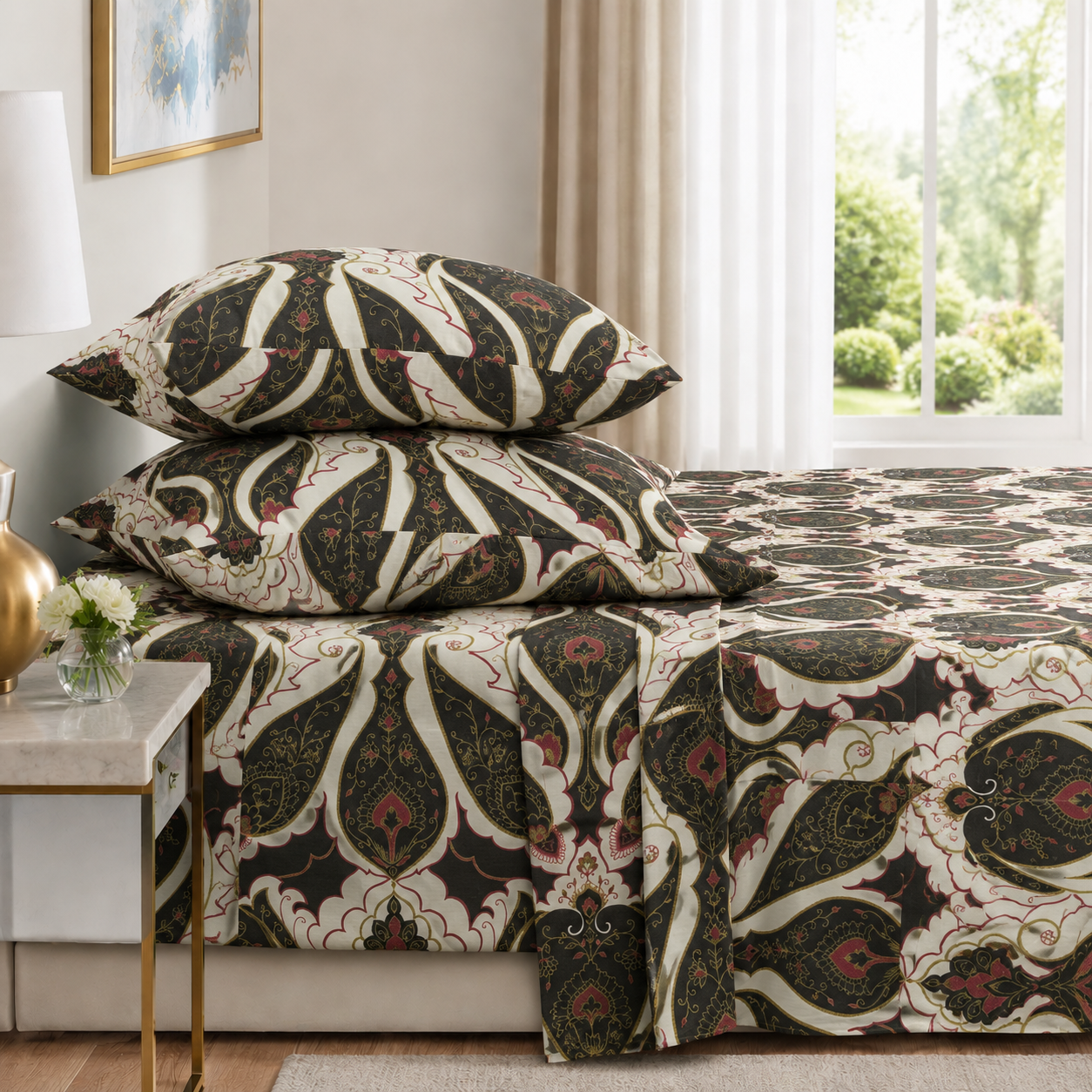 Elegant Paisley Print Sateen Double Bedsheet Set with 2 Pillowcases – 3 Piece