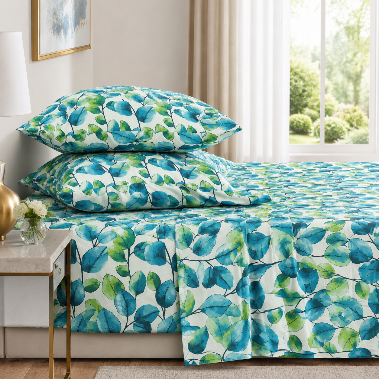 ELOVÉRY Botanical Leaf Print Double Bedsheet Set with 2 Pillowcases – 3 Piece