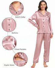 Elovery Pink Silk Satin Nightwear Pajama Set _ Pink