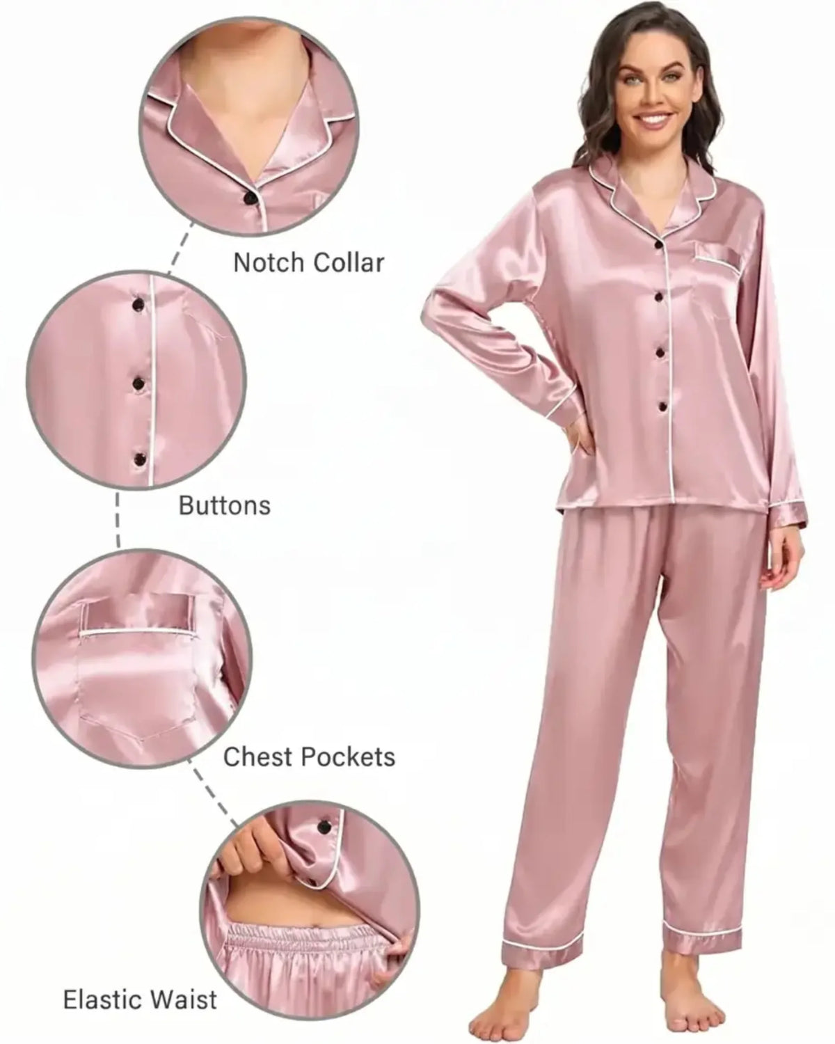 Elovery Pink Silk Satin Nightwear Pajama Set _ Pink