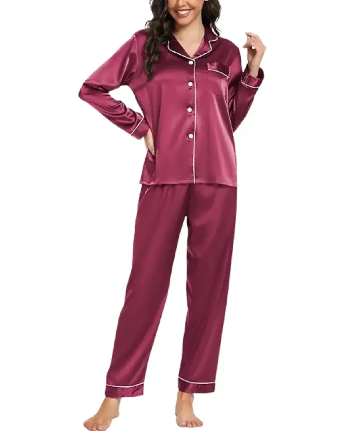 Elovery Red Silk Satin Pajama Set Nightwear  _ Vine