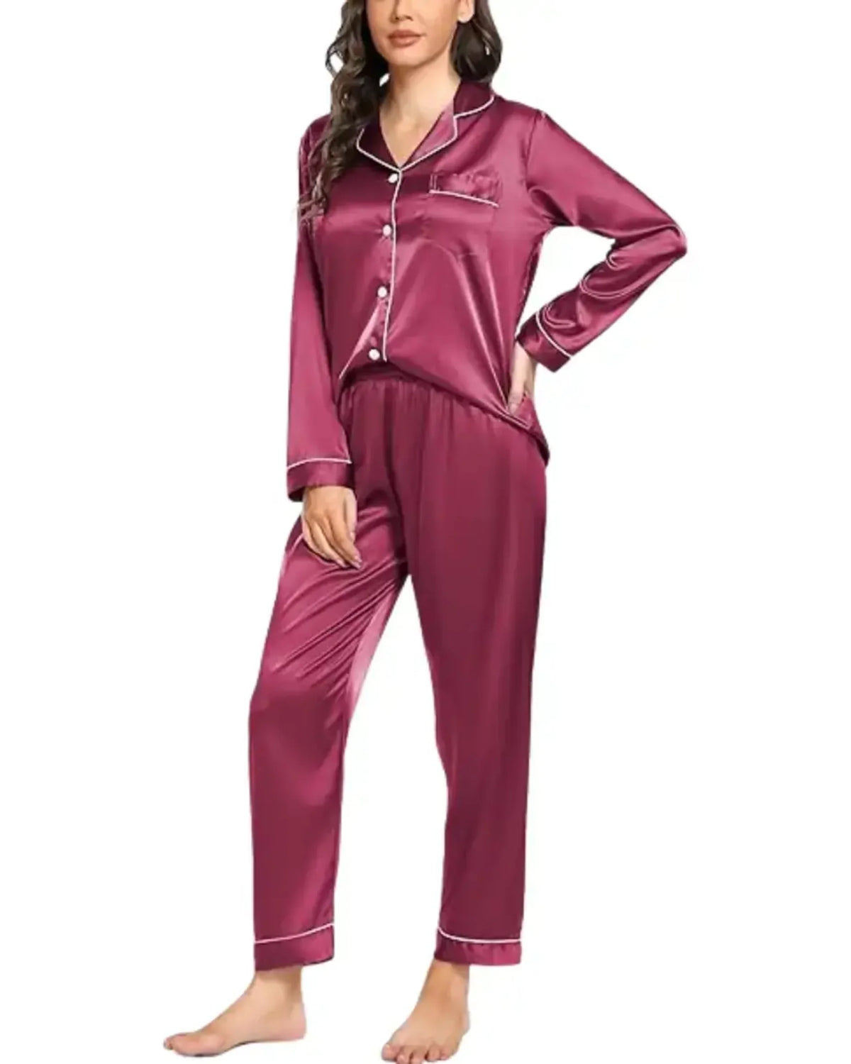 Elovery Red Silk Satin Pajama Set Nightwear  _ Vine