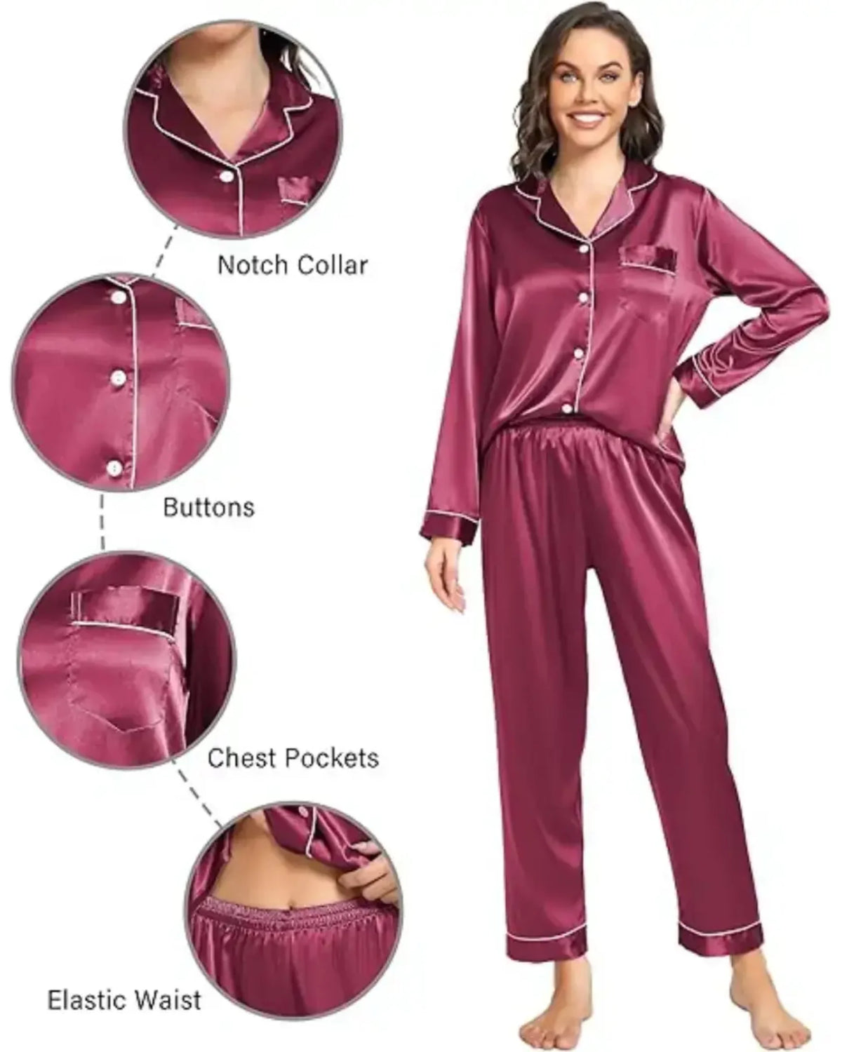 Elovery Red Silk Satin Pajama Set Nightwear  _ Vine