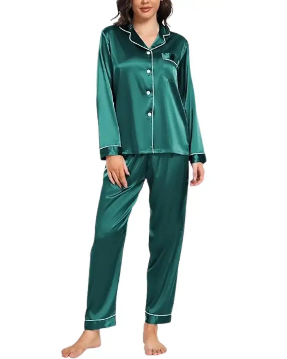 Elovery Green Silk Satin Nightwear Pajama Set - Green