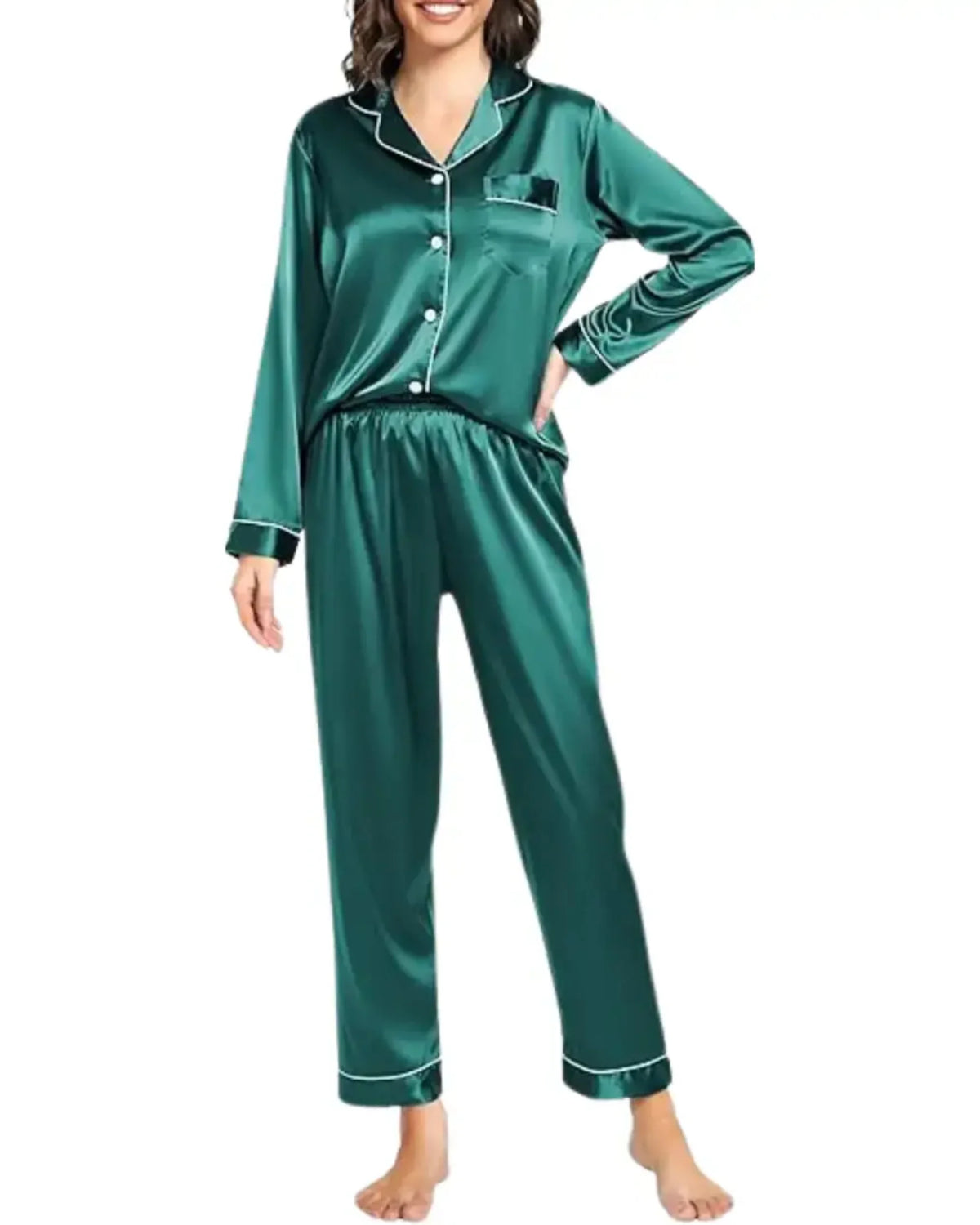Elovery Green Silk Satin Nightwear Pajama Set - Green