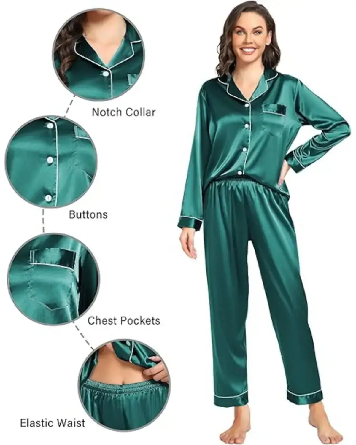 Elovery Green Silk Satin Nightwear Pajama Set - Green