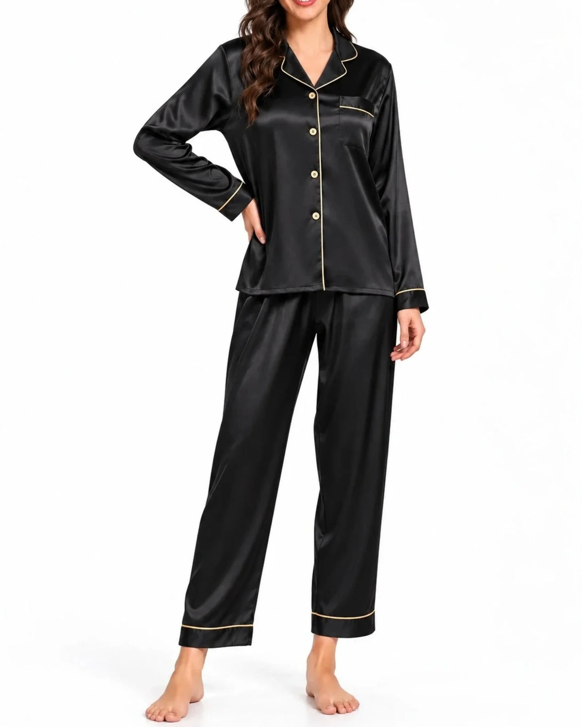 Elovery Premium Silk Nightwear Pajama Set – Black