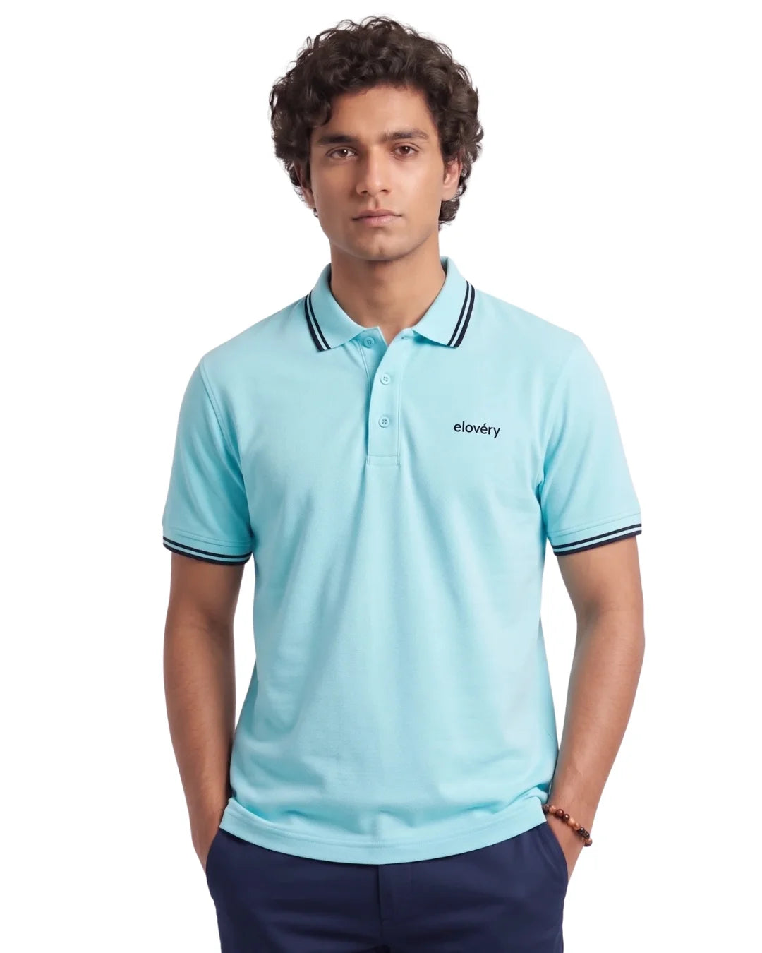 Men’s Sky Blue Rib-Knit Tipped Collar Polo Shirt