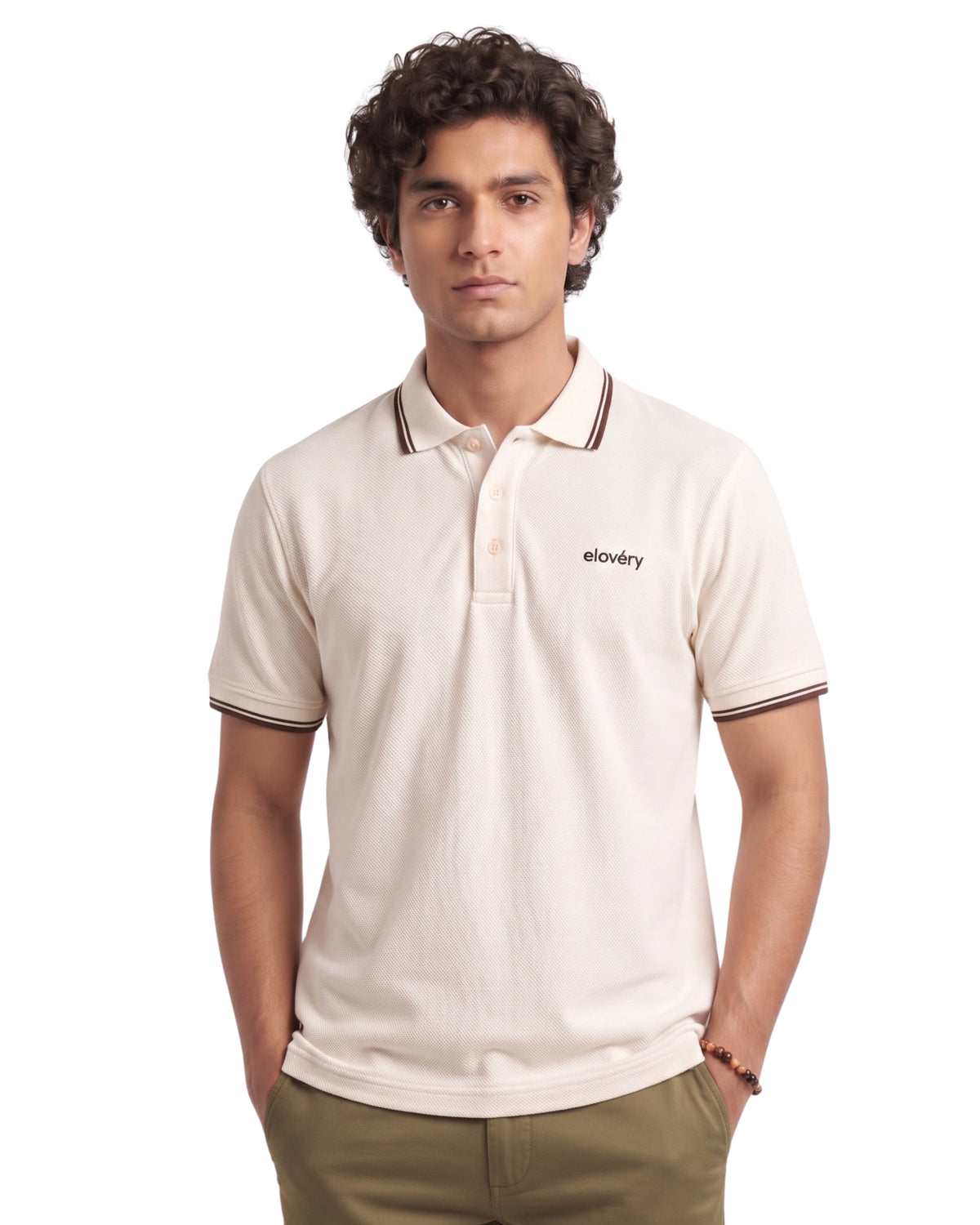 Men’s White Rib-Knit Tipped Collar Polo Shirt