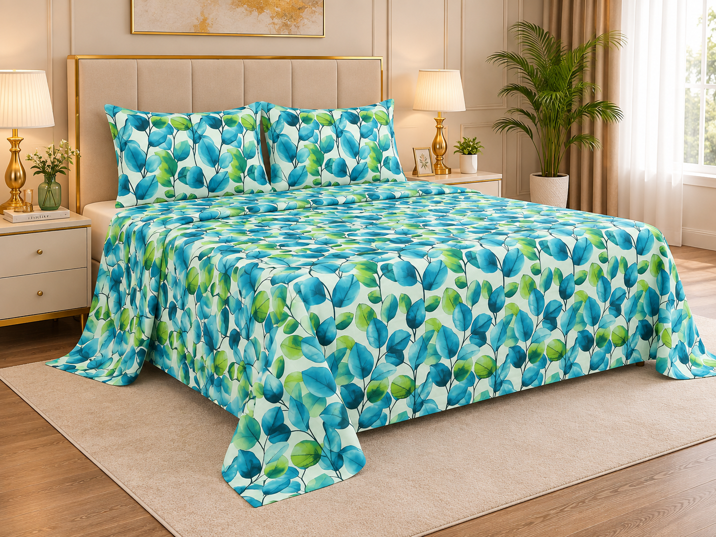 ELOVÉRY Botanical Leaf Print Double Bedsheet Set with 2 Pillowcases – 3 Piece