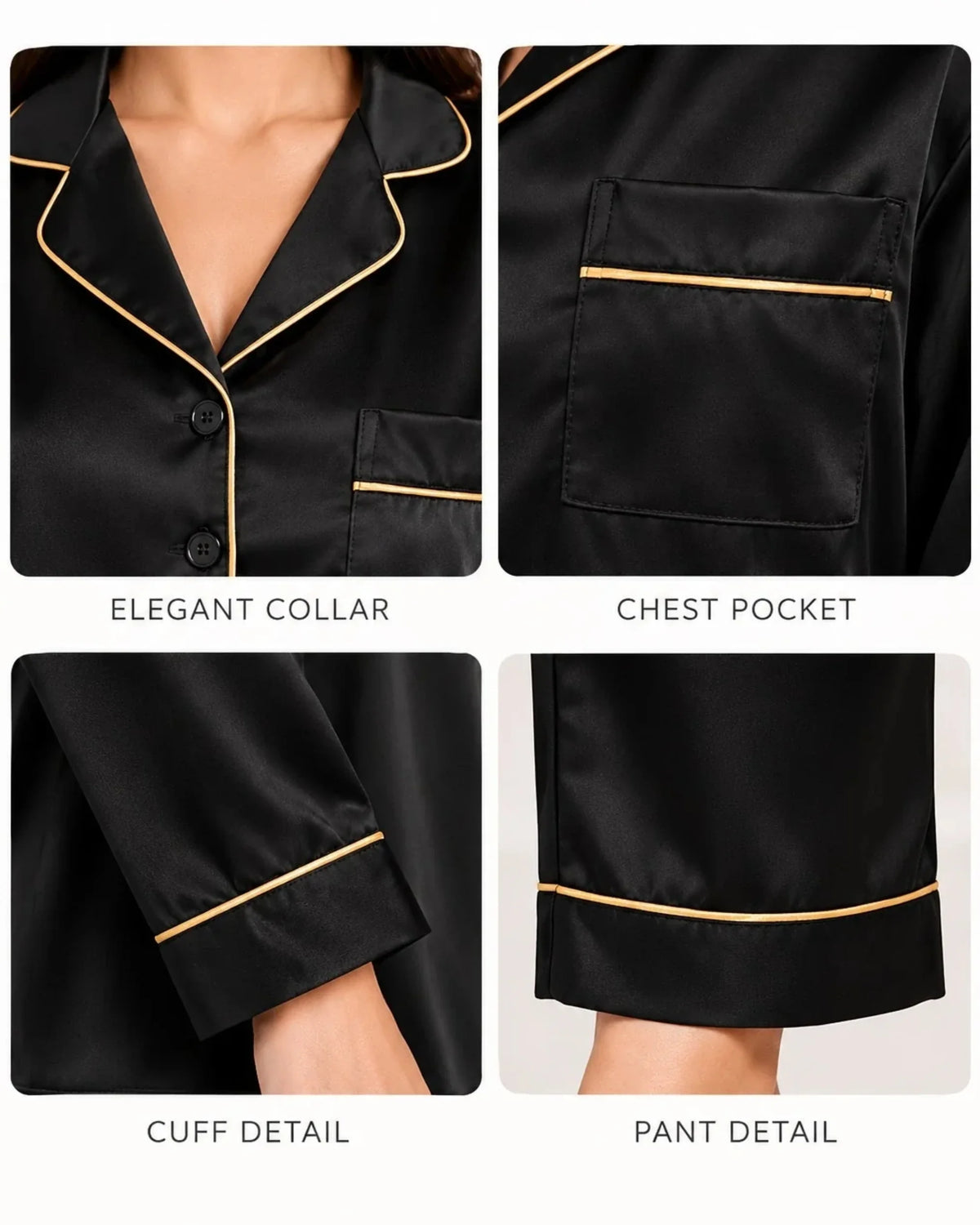 Elovery Premium Silk Nightwear Pajama Set – Black