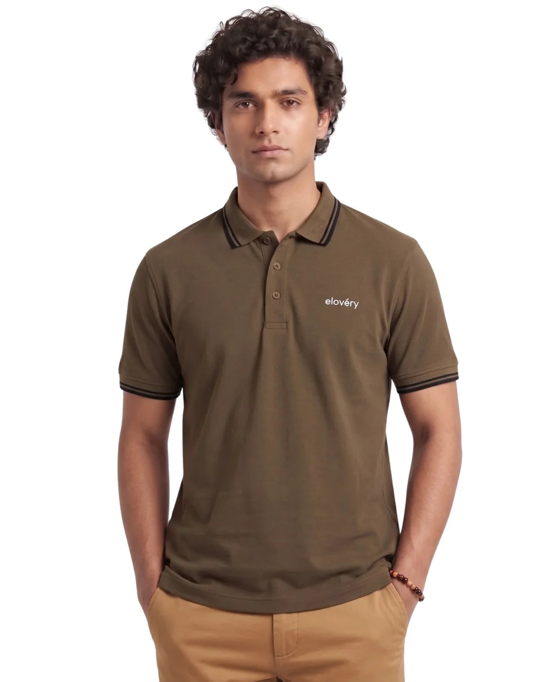 Men’s Brown Rib-Knit Tipped Collar Polo Shirt