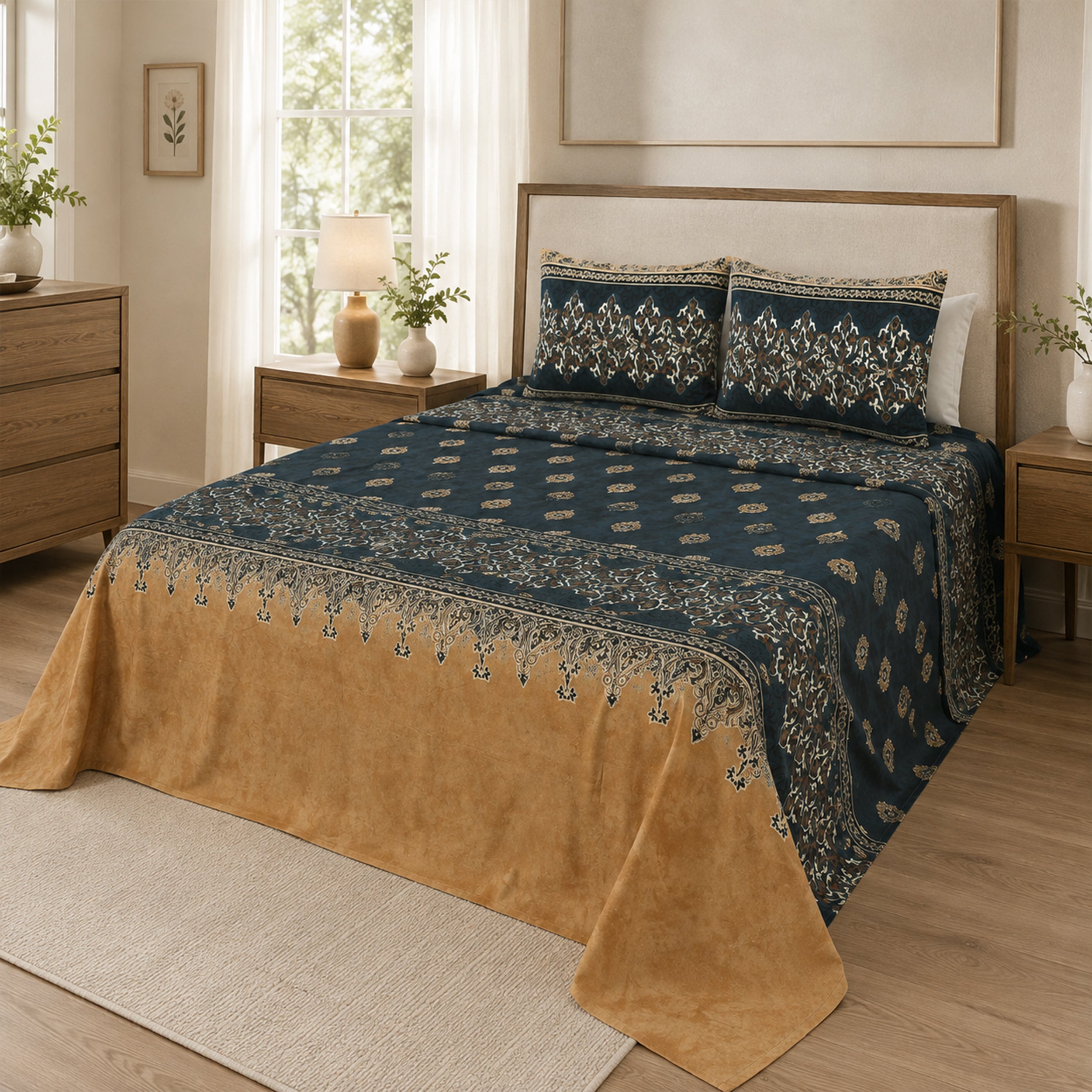 Mustered-Green Elegant Print | Pure Cotton Double Bedsheet with 2 Pillowcases