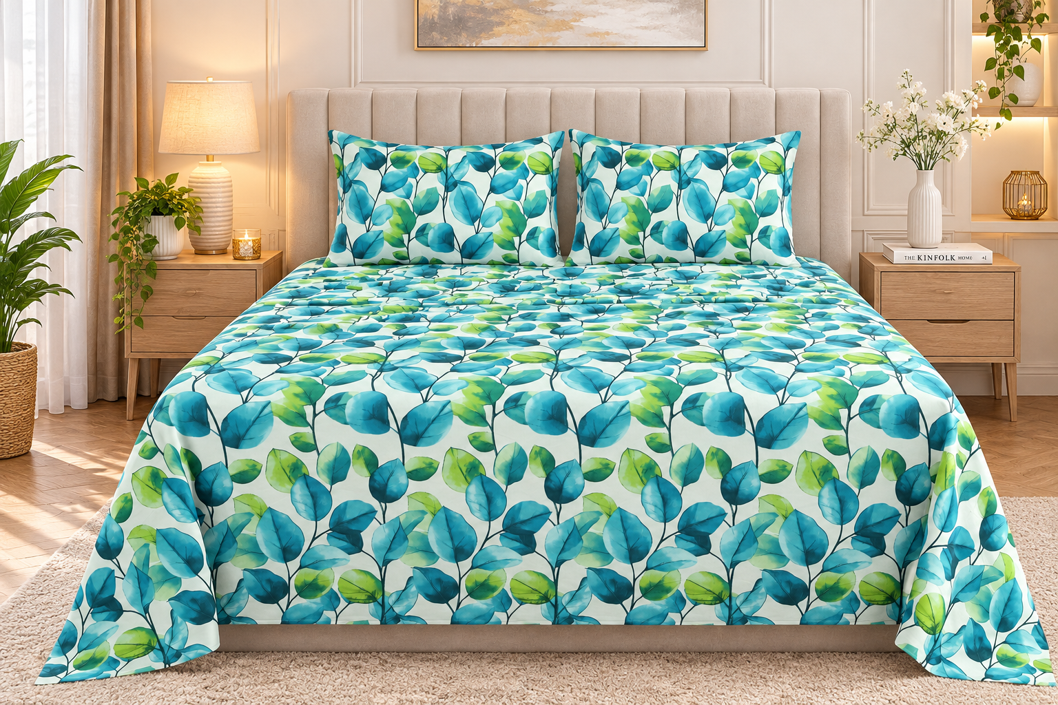 ELOVÉRY Botanical Leaf Print Double Bedsheet Set with 2 Pillowcases – 3 Piece
