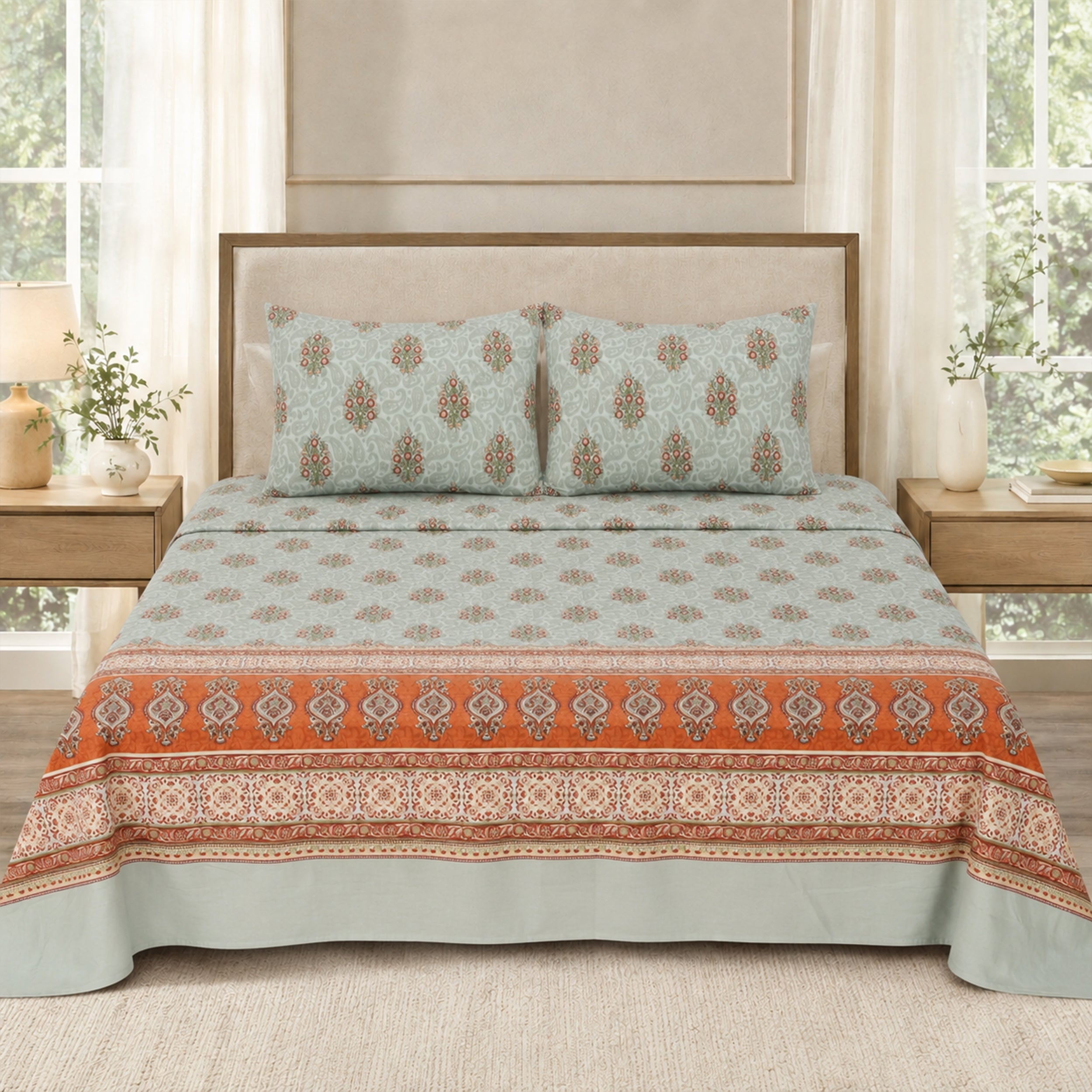 ELOVÉRY Sage Green Printed Cotton Double Bedsheet Set with 2 Pillowcases