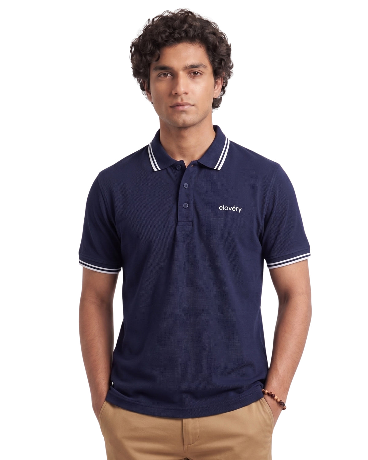 Men’s Navy Blue Rib-Knit Tipped Collar Polo Shirt