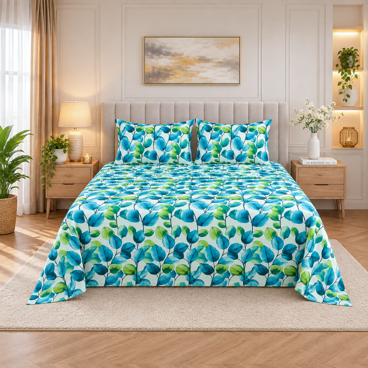 ELOVÉRY Botanical Leaf Print Double Bedsheet Set with 2 Pillowcases – 3 Piece