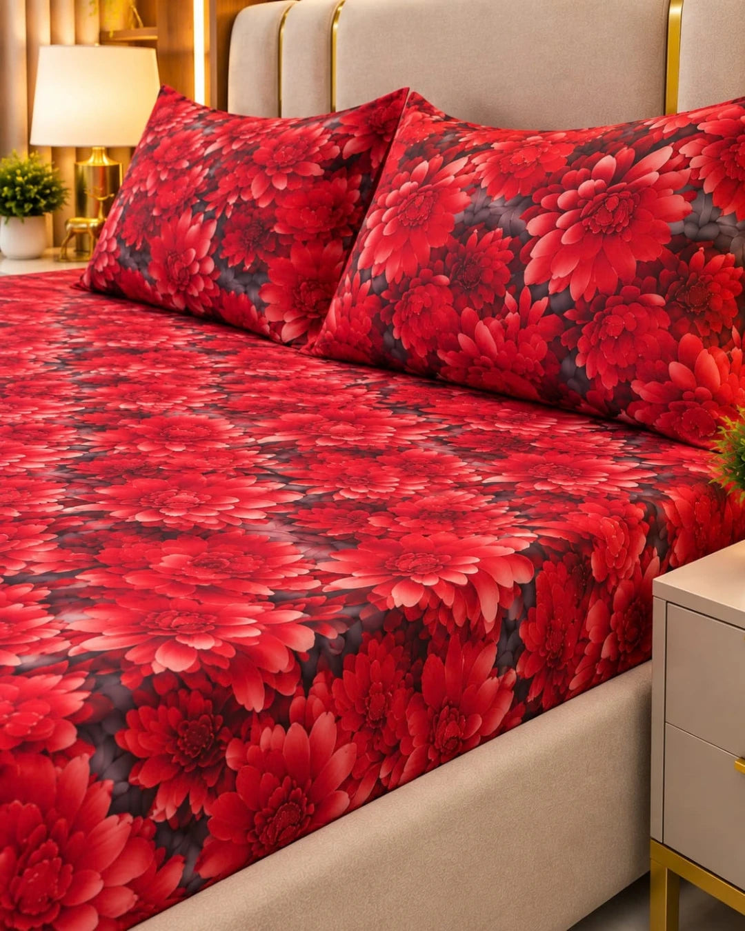 Crimson Bloom 3D Bed Sheet Set – 3 Piece