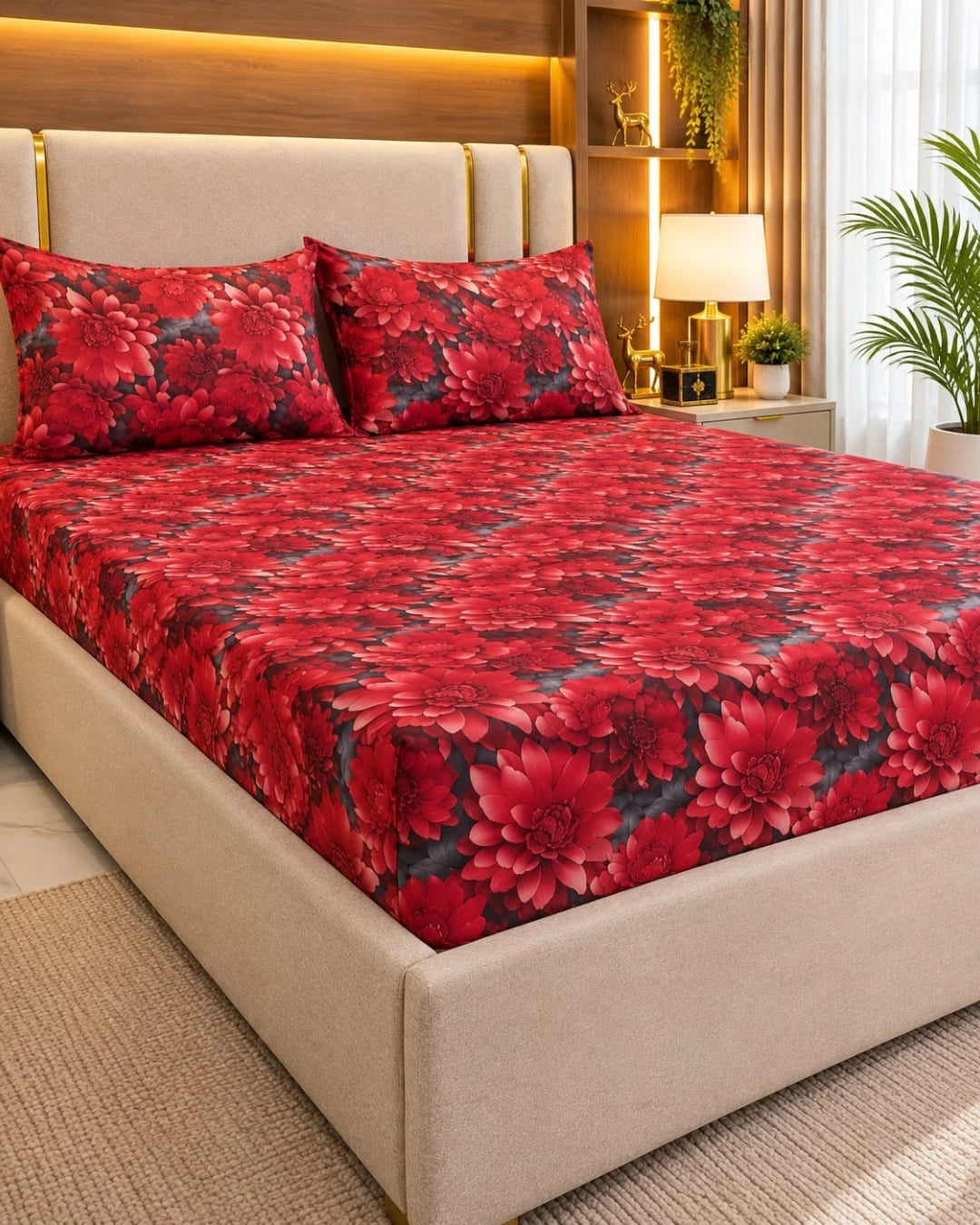 Crimson Bloom 3D Bed Sheet Set – 3 Piece