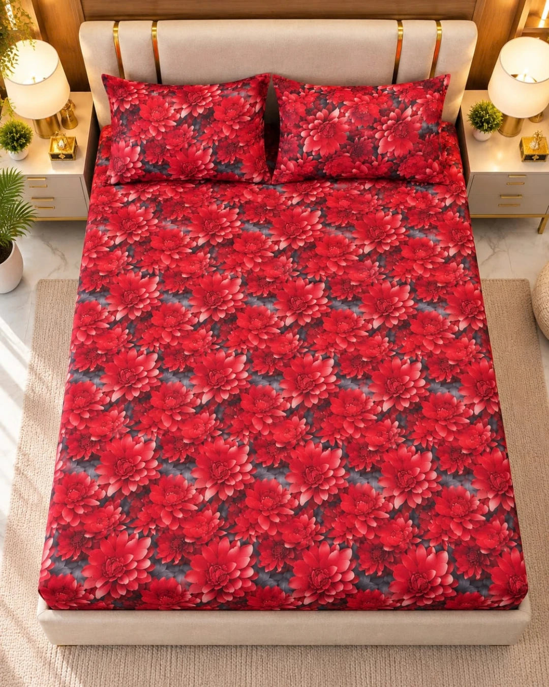 Crimson Bloom 3D Bed Sheet Set – 3 Piece