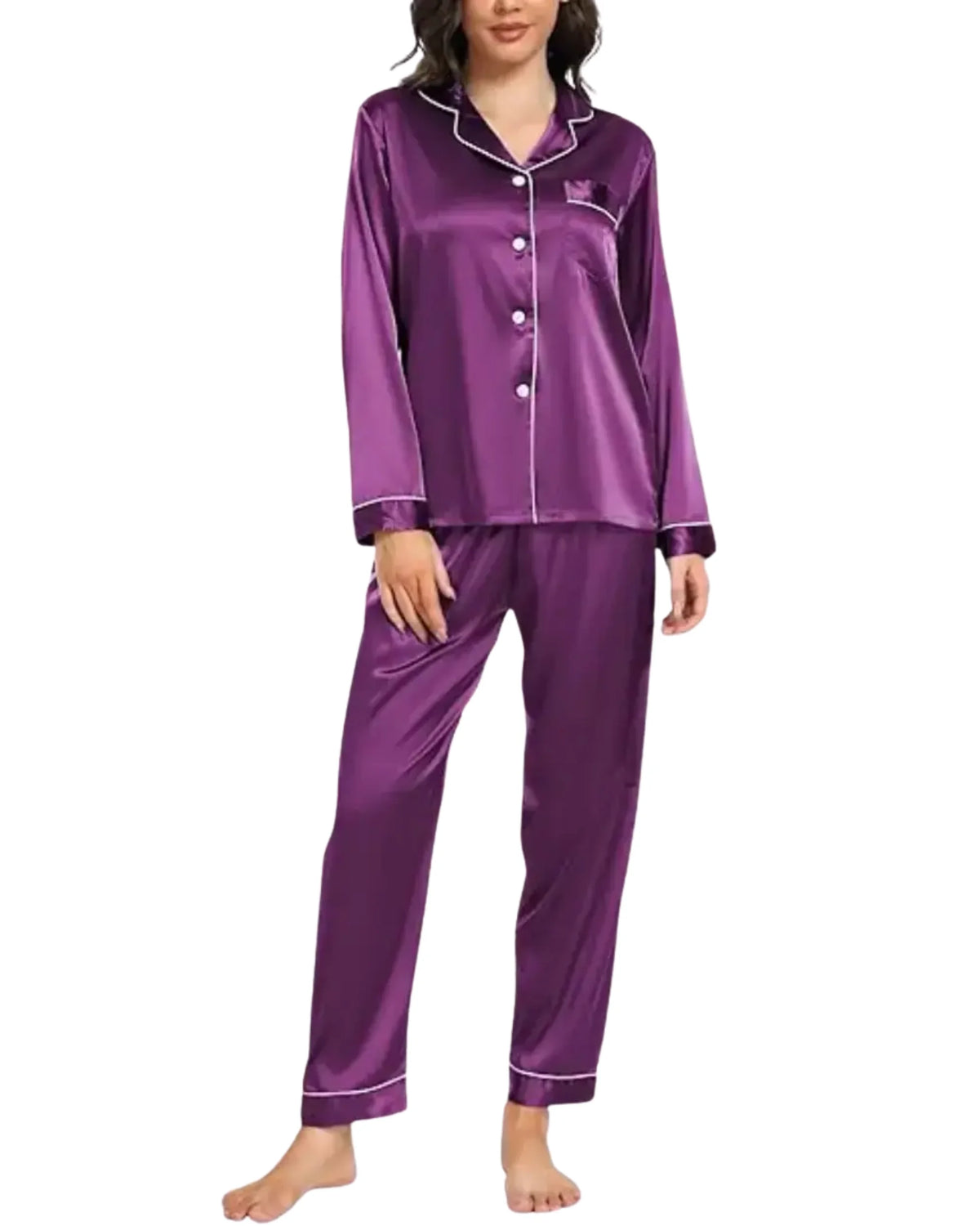 Elovery Purple Silk Satin Nightwear Pajama Set  _ Purple