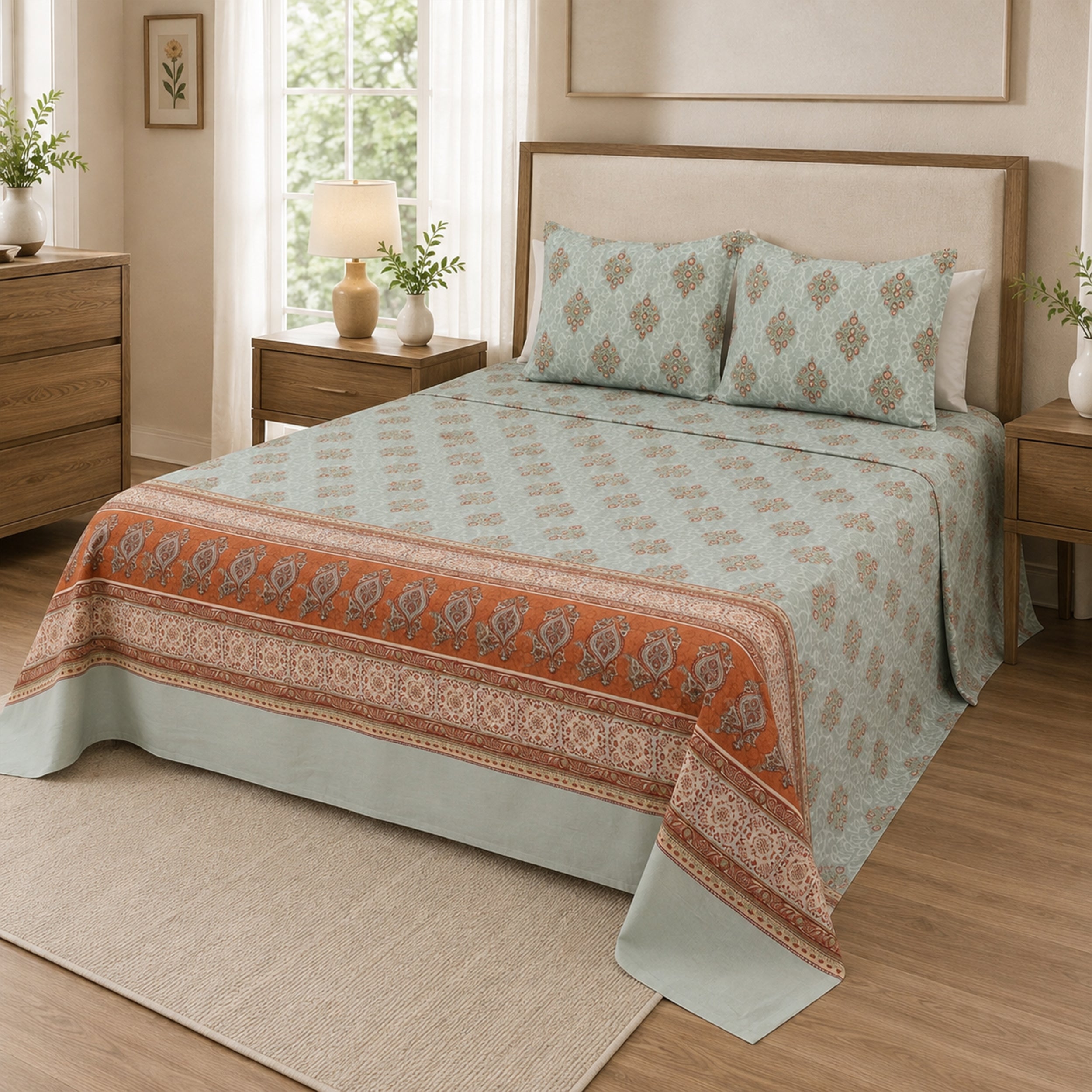 ELOVÉRY Sage Green Printed Cotton Double Bedsheet Set with 2 Pillowcases