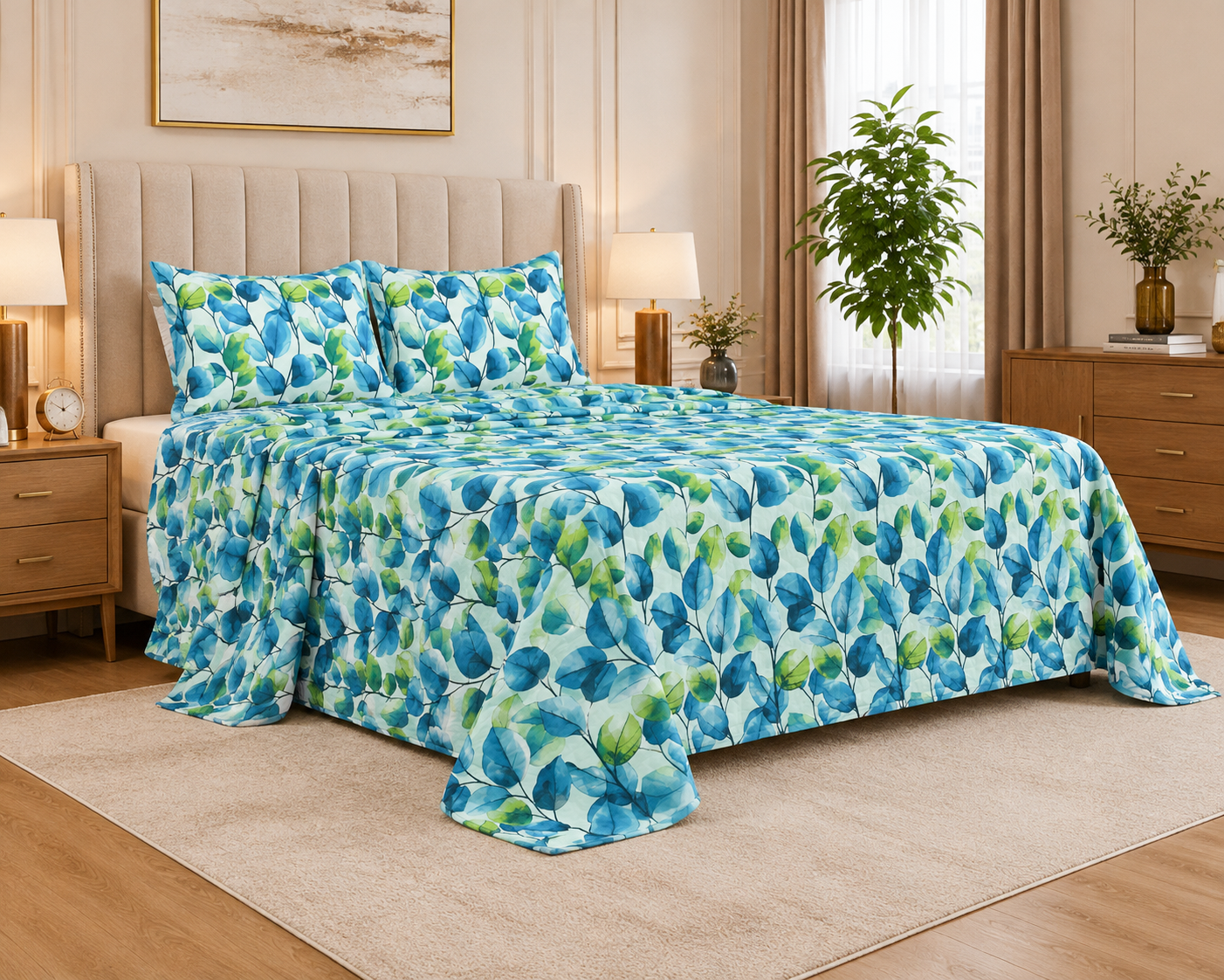 ELOVÉRY Botanical Leaf Print Double Bedsheet Set with 2 Pillowcases – 3 Piece